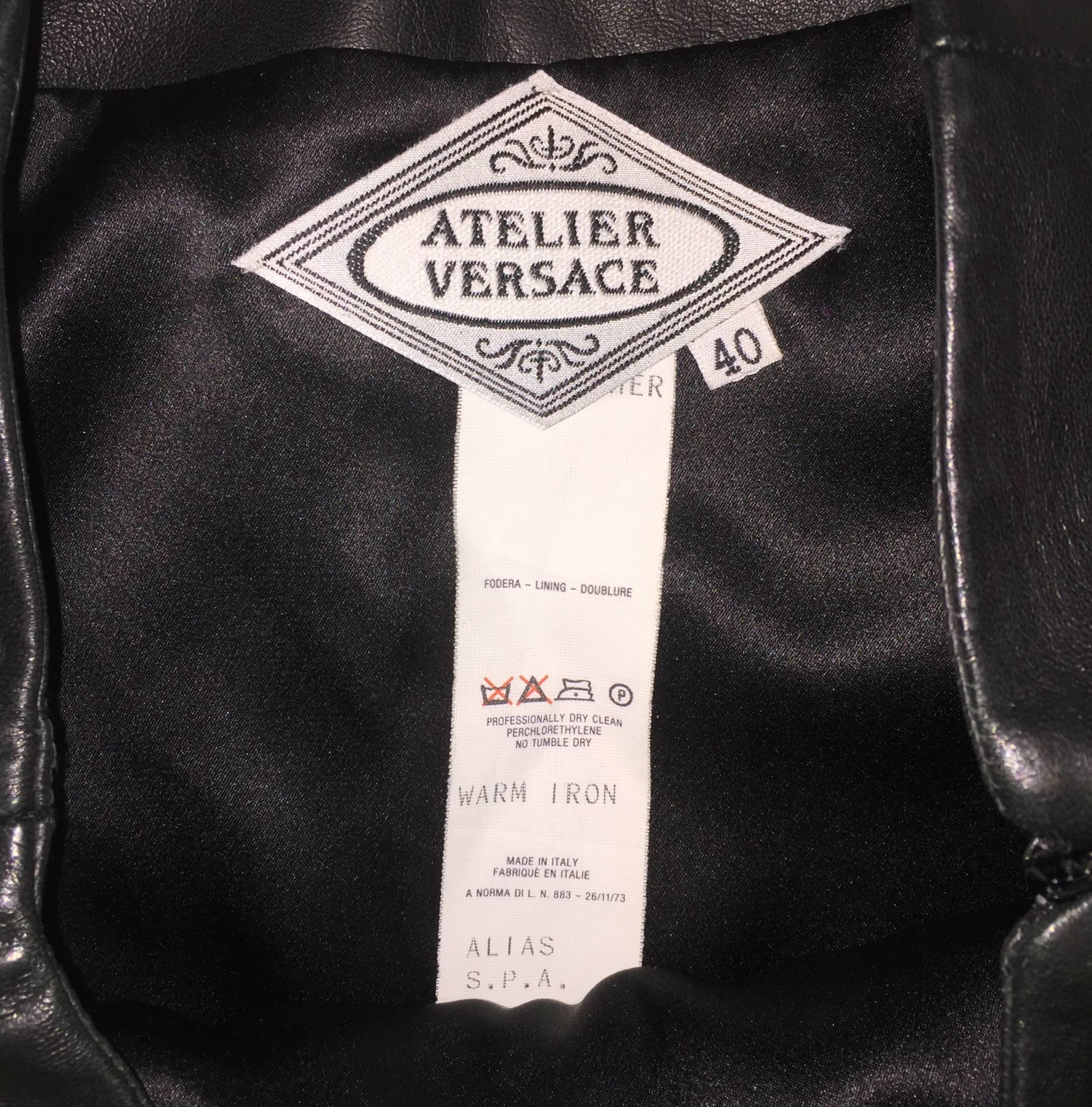 F/W 1997 Atelier Versace by Gianni Runway Crystal Cross Black Leather Mini Skirt In Excellent Condition In Yukon, OK