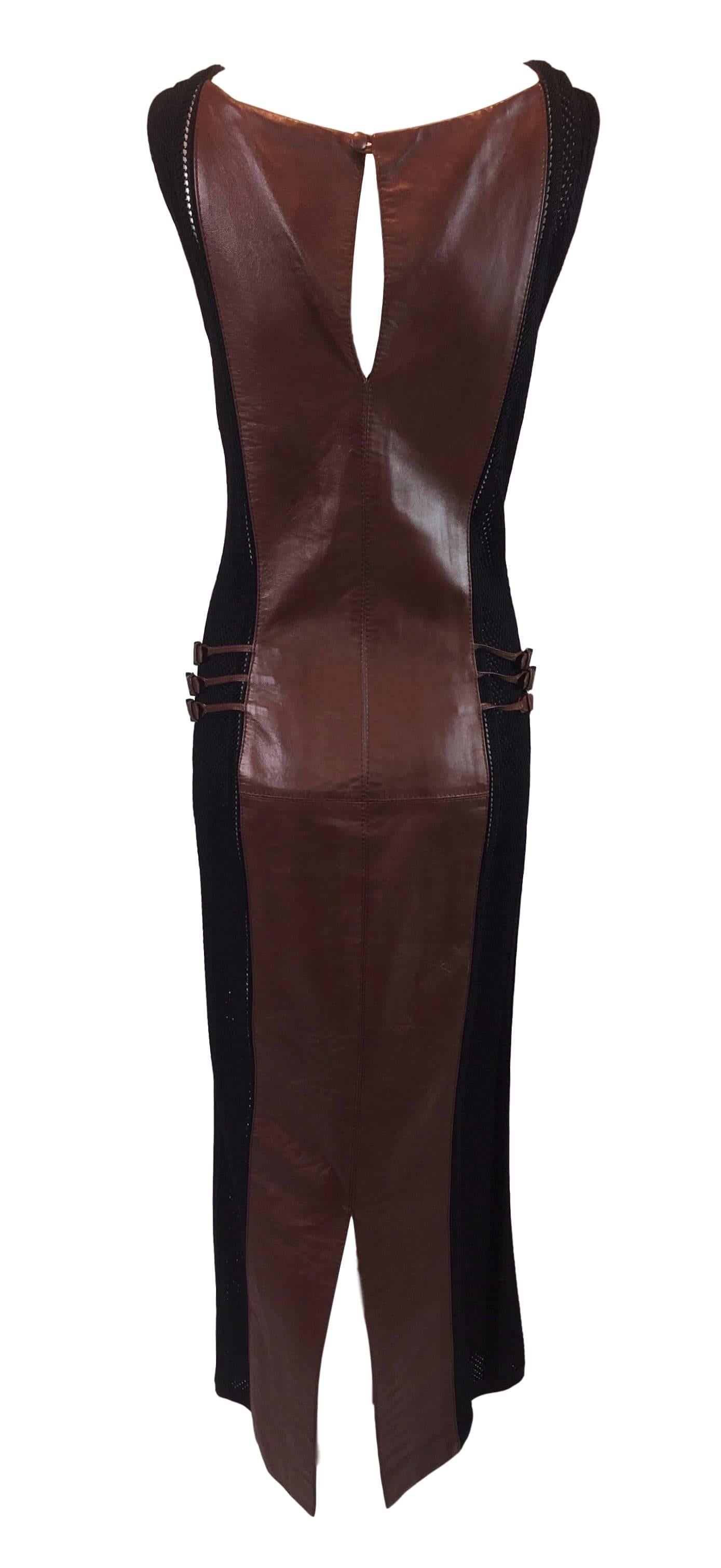 Women's 1990's Gianfranco Ferre Sheer Knit Net Black & Brown Leather Buckle Gown Dress