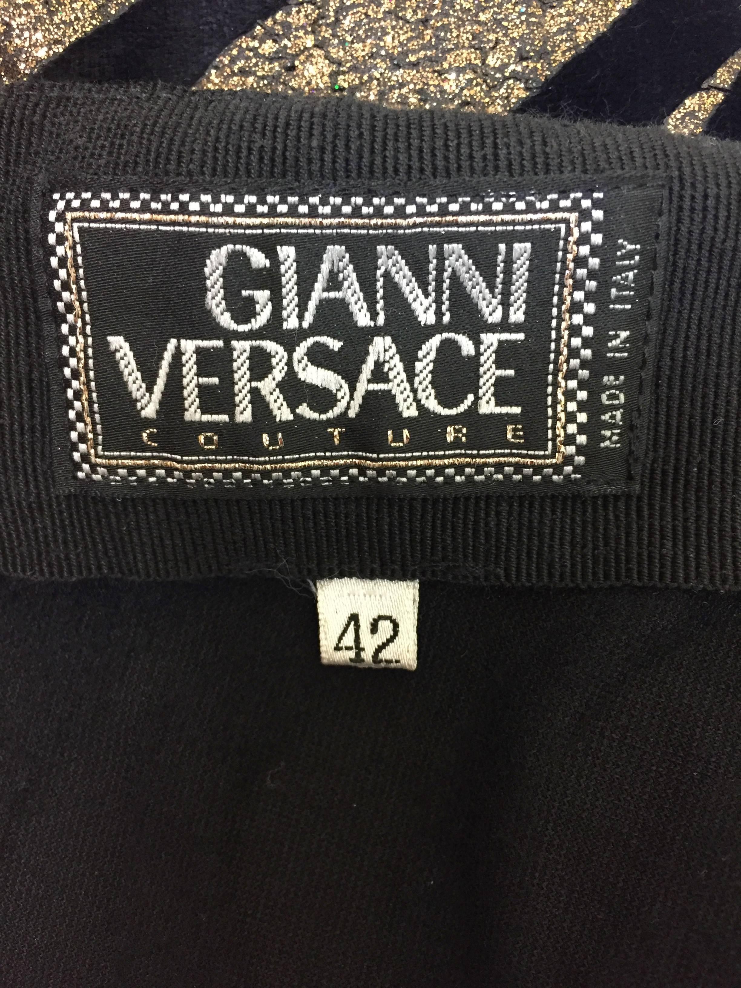 Women's C. 1992 Gianni Versace Black Velvet & Gold Glitter Zebra Leggings