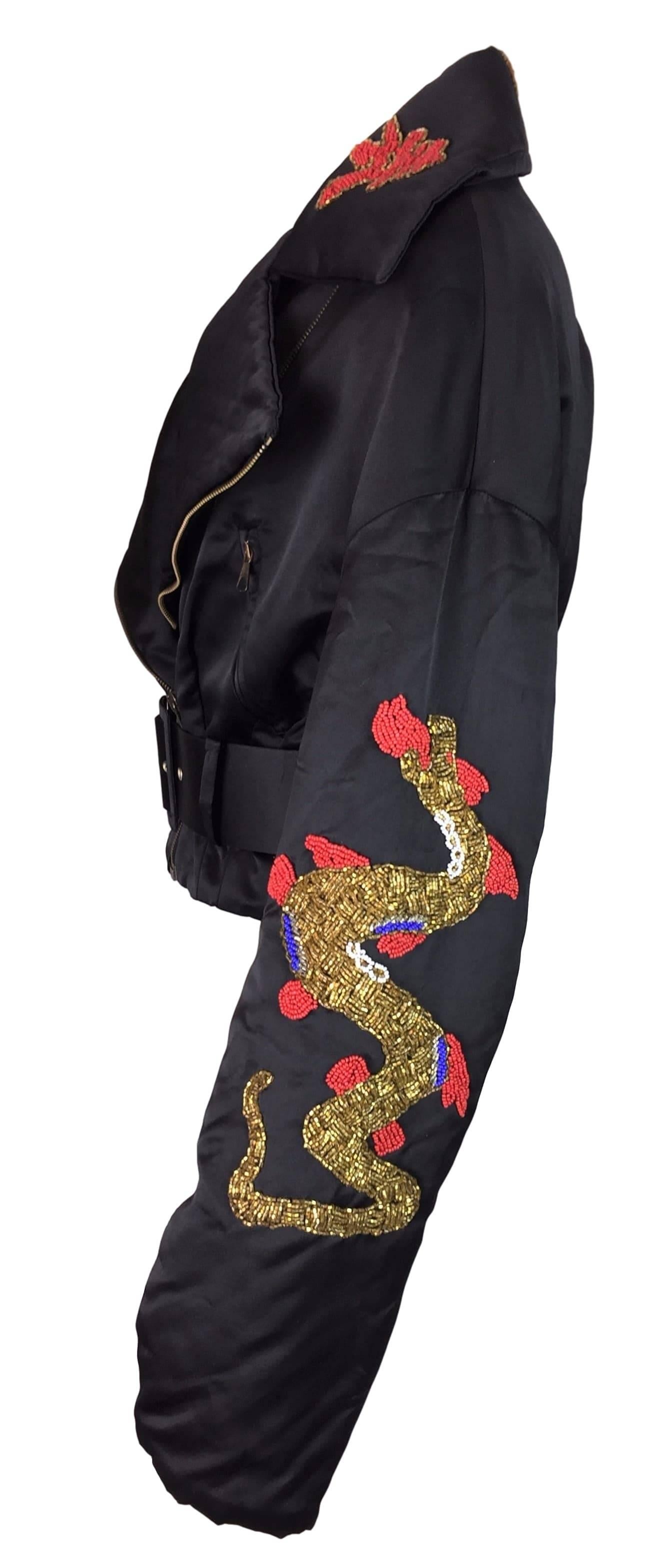 Documented F/W 1992 Dolce & Gabbana Dragon Tattoo Beaded Black Motorcycle Jacket In Excellent Condition In Yukon, OK