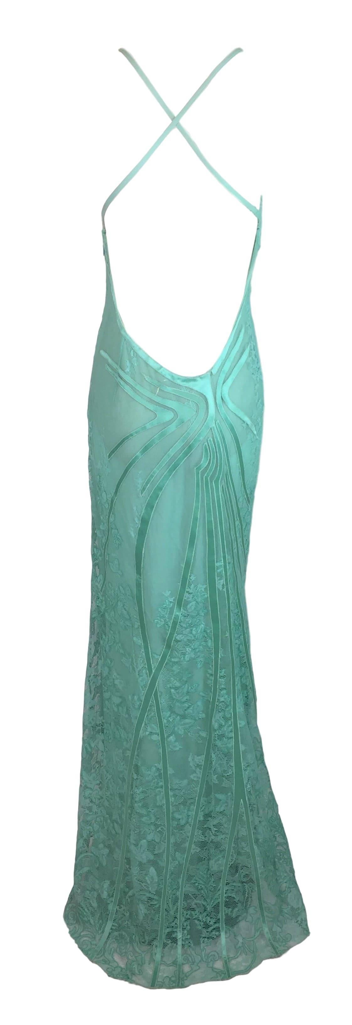 Women's F/W 2000 Gianni Versace Runway Light Green Sheer Mesh & Lace Gown Dress