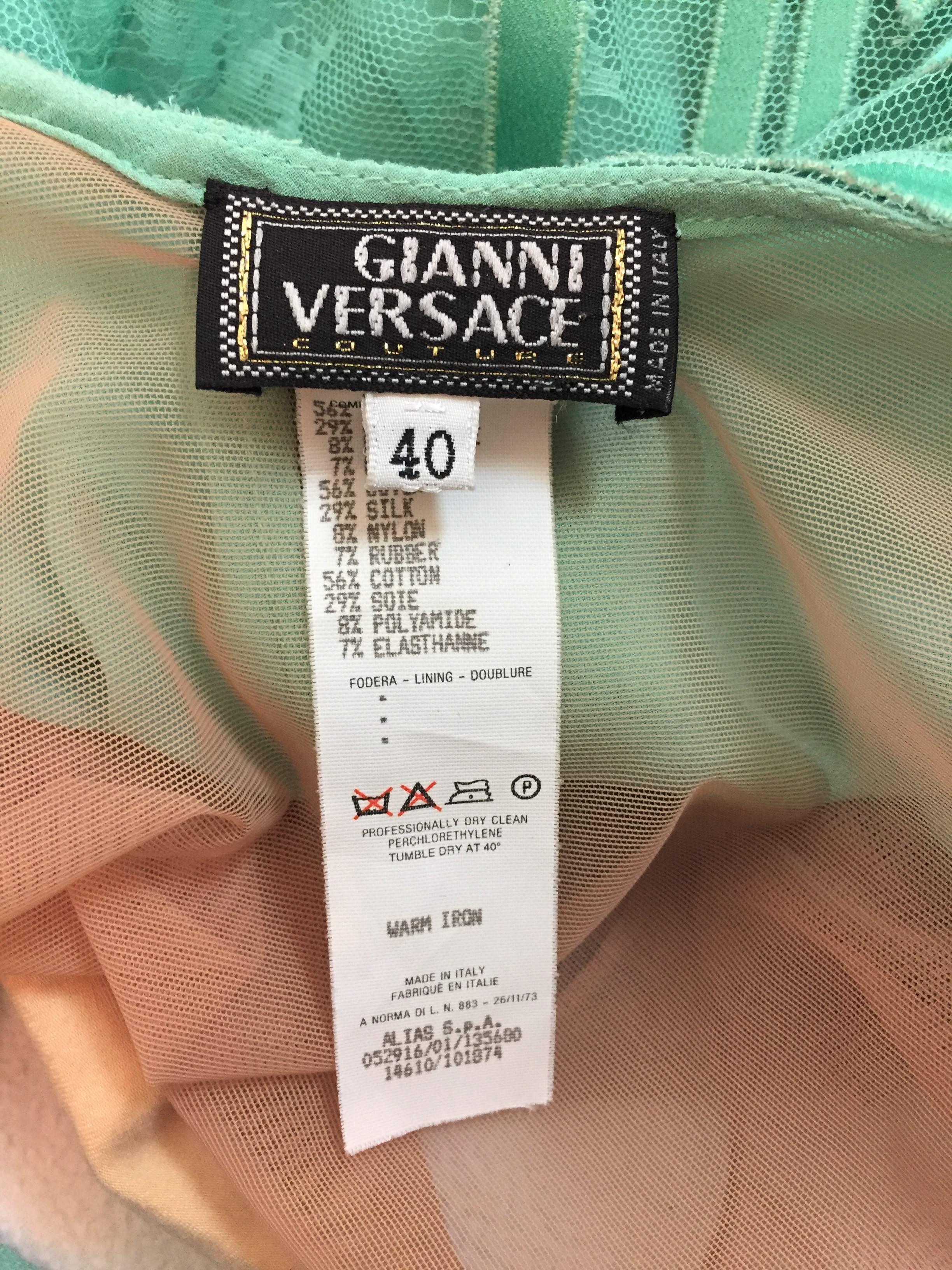 F/W 2000 Gianni Versace Runway Light Green Sheer Mesh & Lace Gown Dress 1