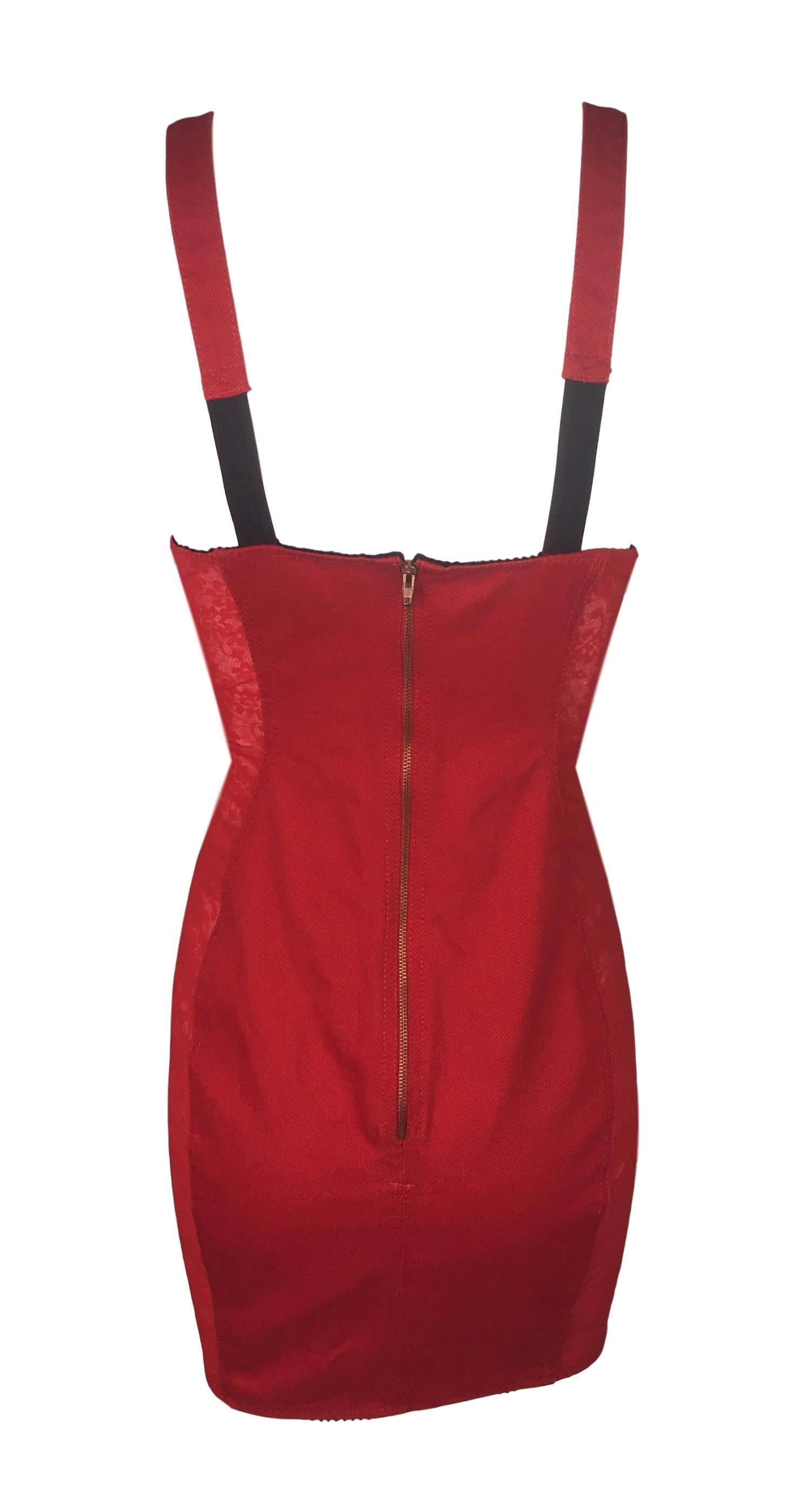 Women's C. 1987 Jean Paul Gaultier Junior Red Lace Sheer Panel Bra Mini Dress