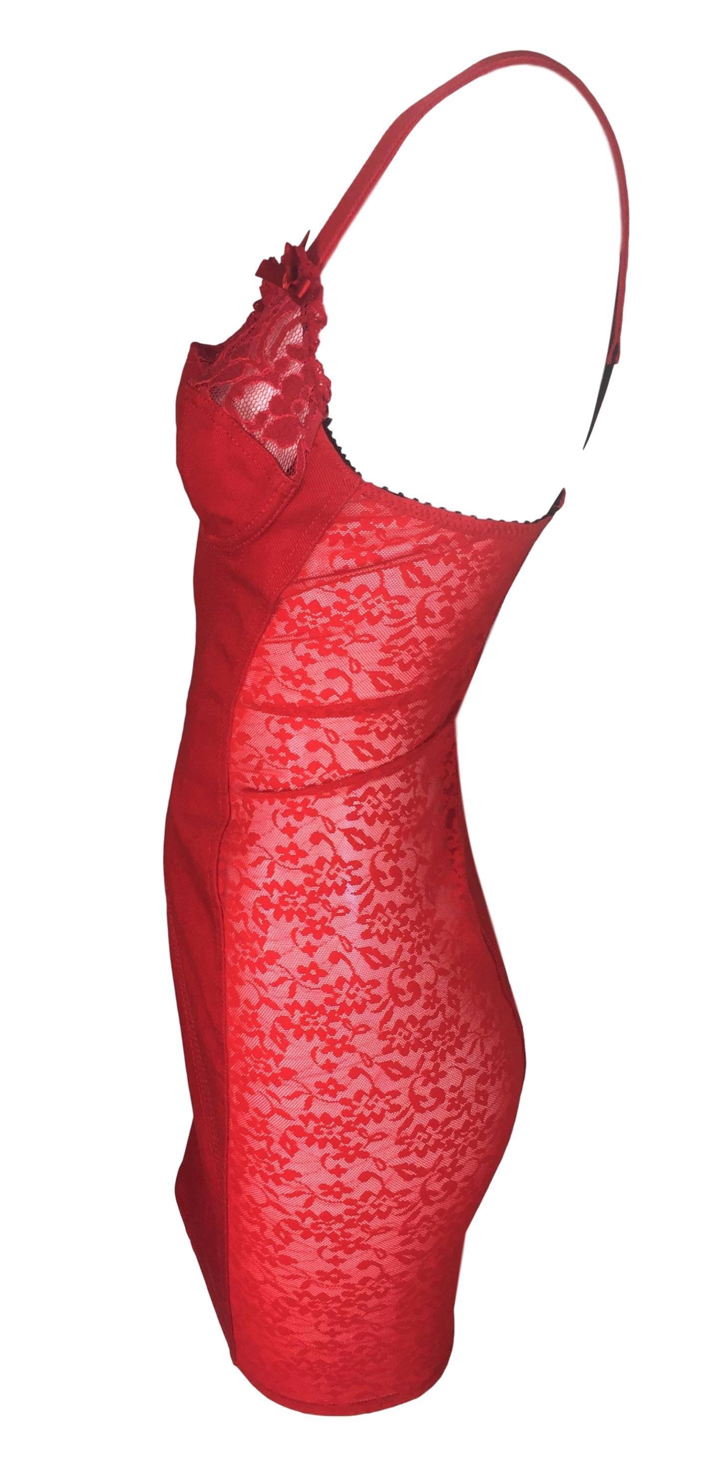 C. 1987 Jean Paul Gaultier Junior Red Lace Sheer Panel Bra Mini Dress In Excellent Condition In Yukon, OK