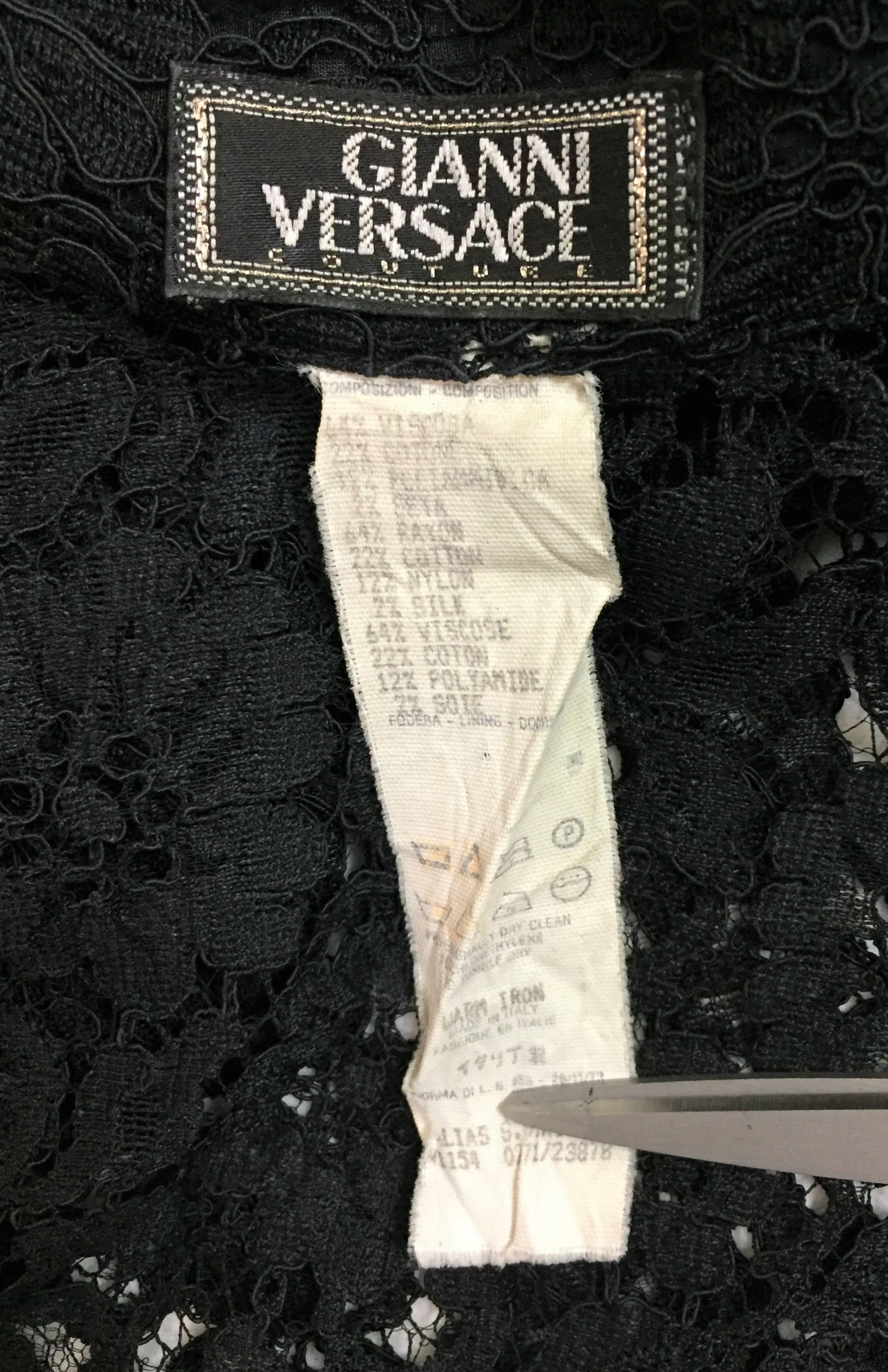 S/S 1994 Gianni Versace Couture Black Sheer Guipure Lace L/S Shirt Dress 38 In Good Condition In Yukon, OK