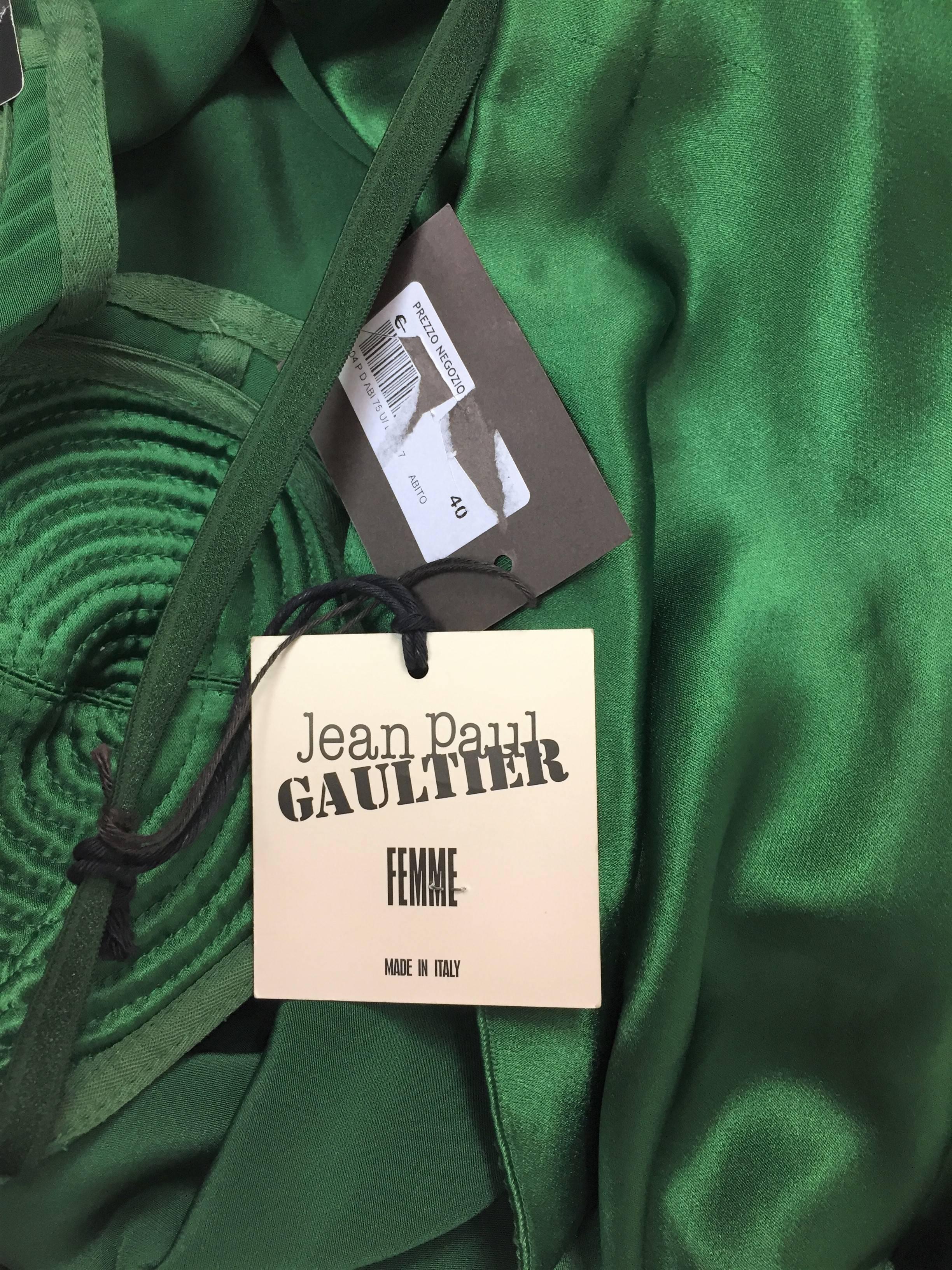 Blue S/S 2010 Jean Paul Gaultier Emerald Satin Cone Bra & Plunging Gown Dress w Slit