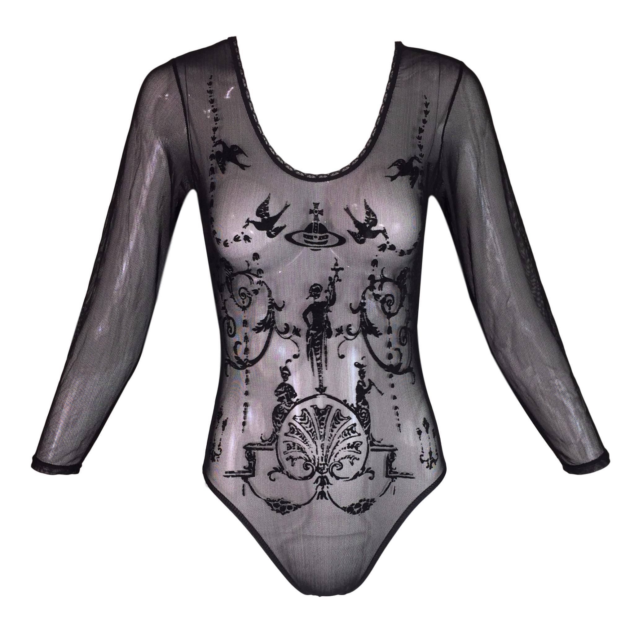 Documented 1992 Vivienne Westwood Black Sheer Mesh L/S Bodysuit Top L Runs Small