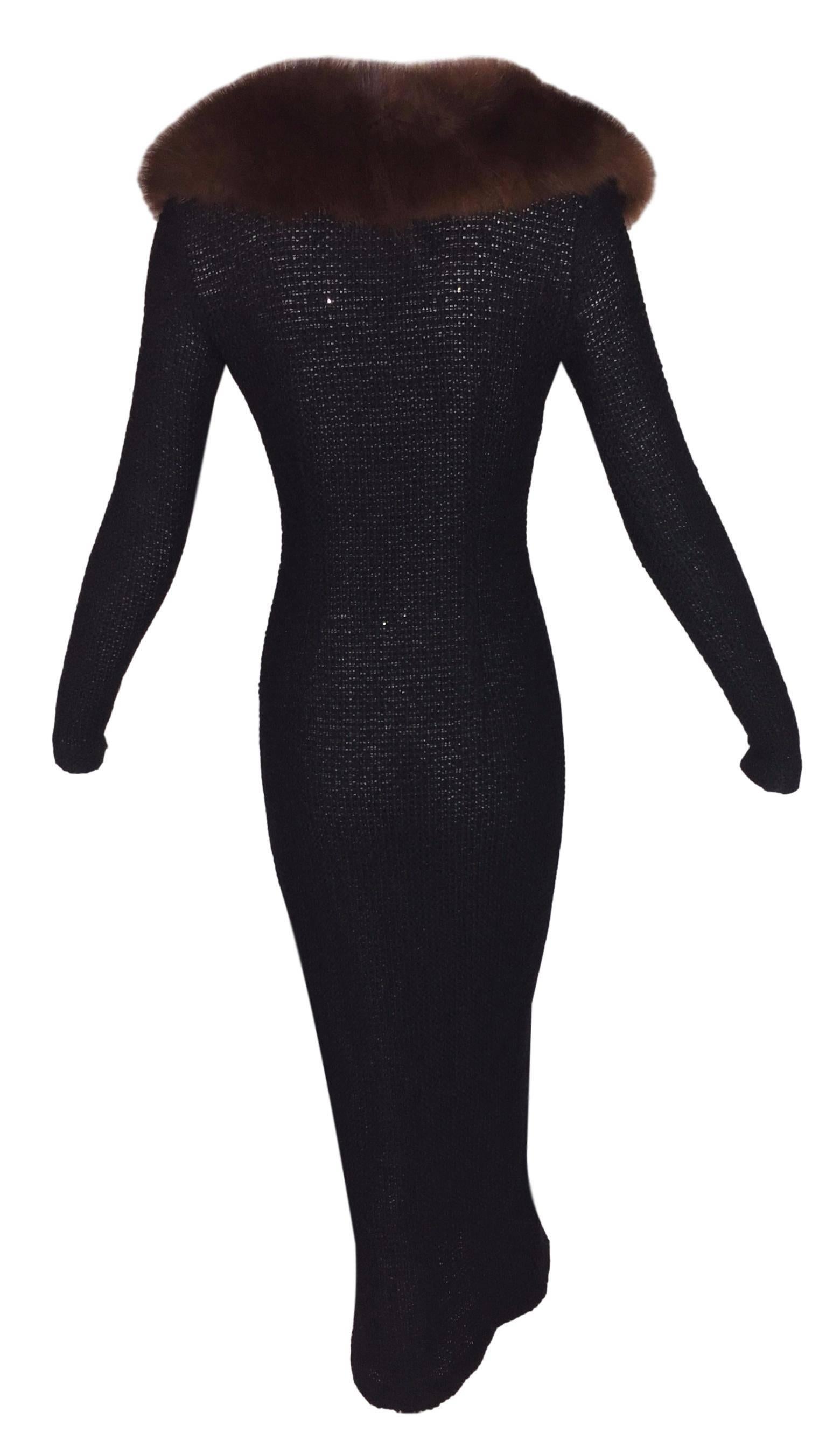 Black Dolce & Gabbana Sheer Knit 40s Pin-Up Sweater Dress Sable Fur 44 S S/S 1997  