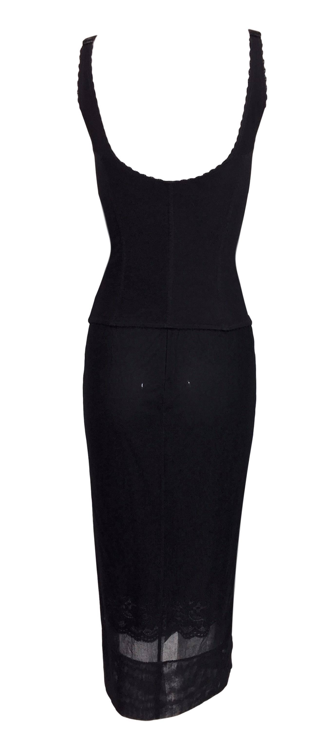 Black S/S 1998 Dolce & Gabbana Zip Front Bustier Top and Sheer Mesh Skirt Set