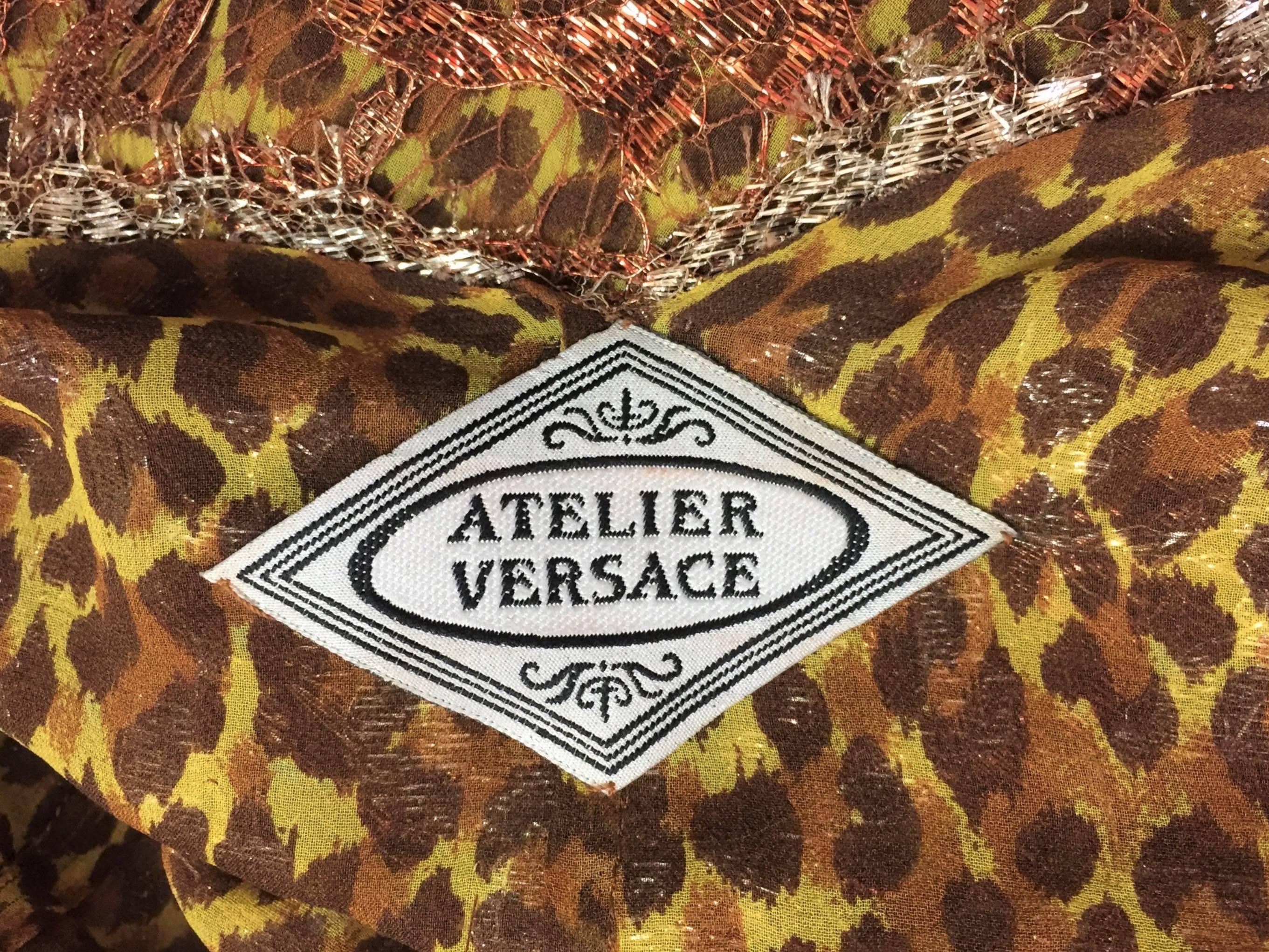 Women's S/S 1996 Atelier Versace Runway Gianni Sheer Leopard and Bronze Lace Mini Dress