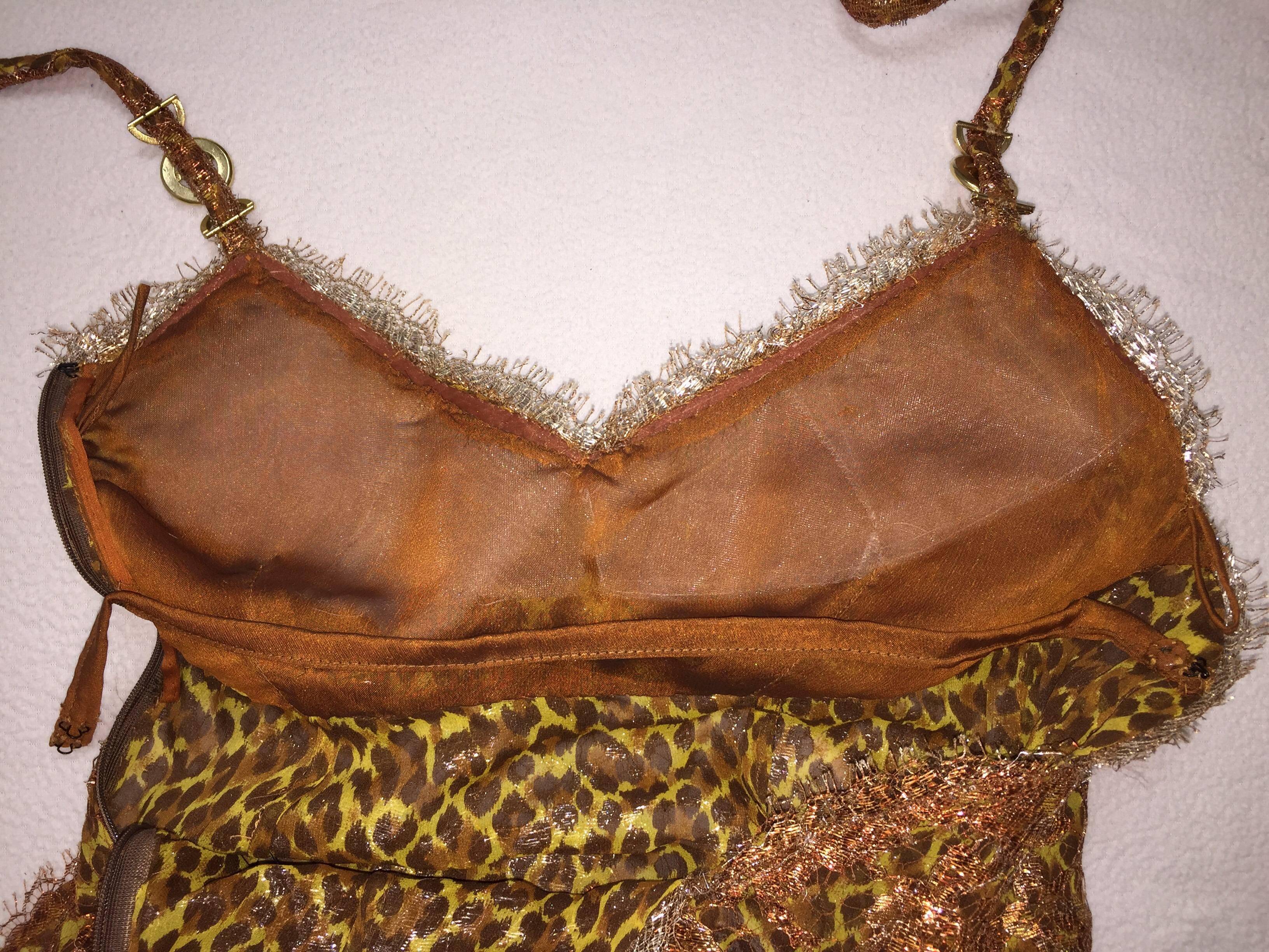 Brown S/S 1996 Atelier Versace Runway Gianni Sheer Leopard and Bronze Lace Mini Dress