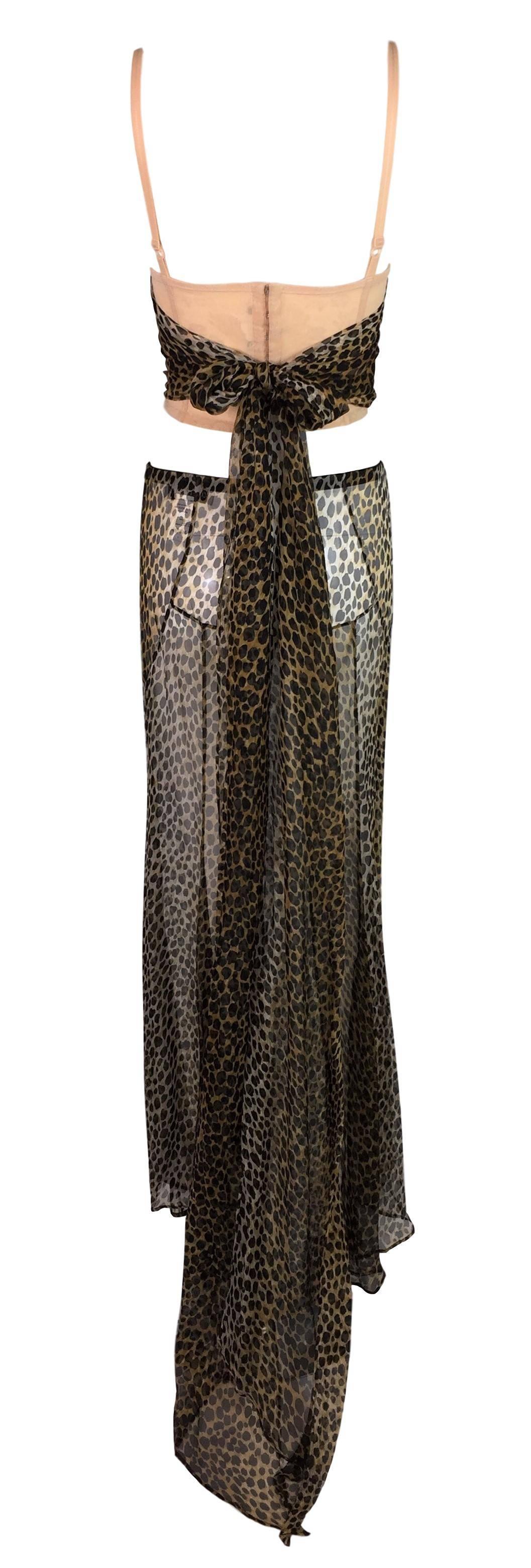 Black F/W 1996 Dolce & Gabbana Runway Nude Corset & Sheer Silk Leopard Skirt Set 38