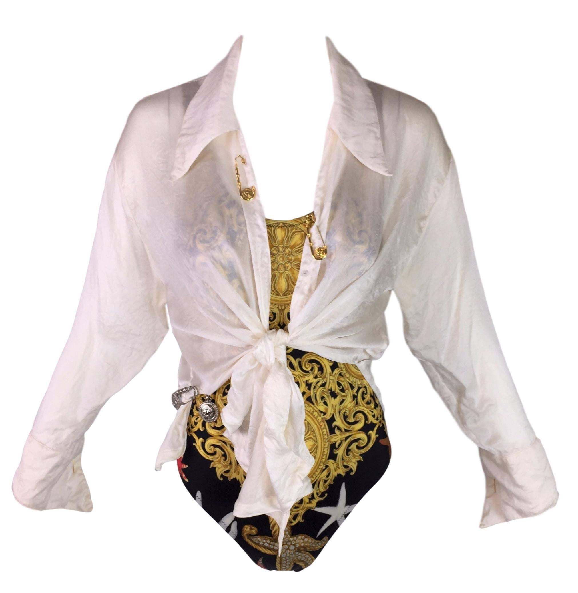 Beige S/S 1994 Gianni Versace Sheer Ivory Silk Tie Front Safety Pin Blouse Top