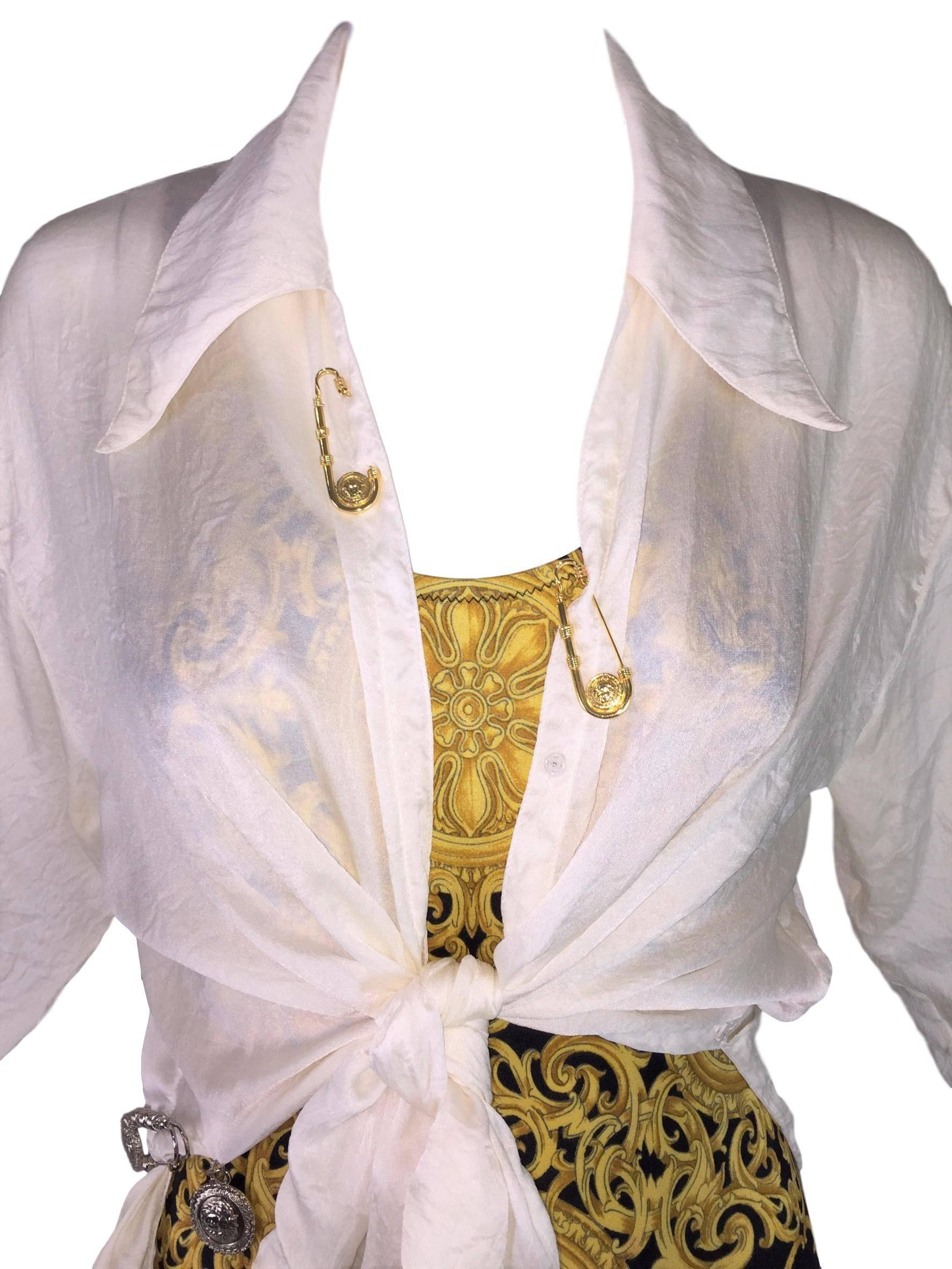 S/S 1994 Gianni Versace Sheer Ivory Silk Tie Front Safety Pin Blouse Top In Good Condition In Yukon, OK