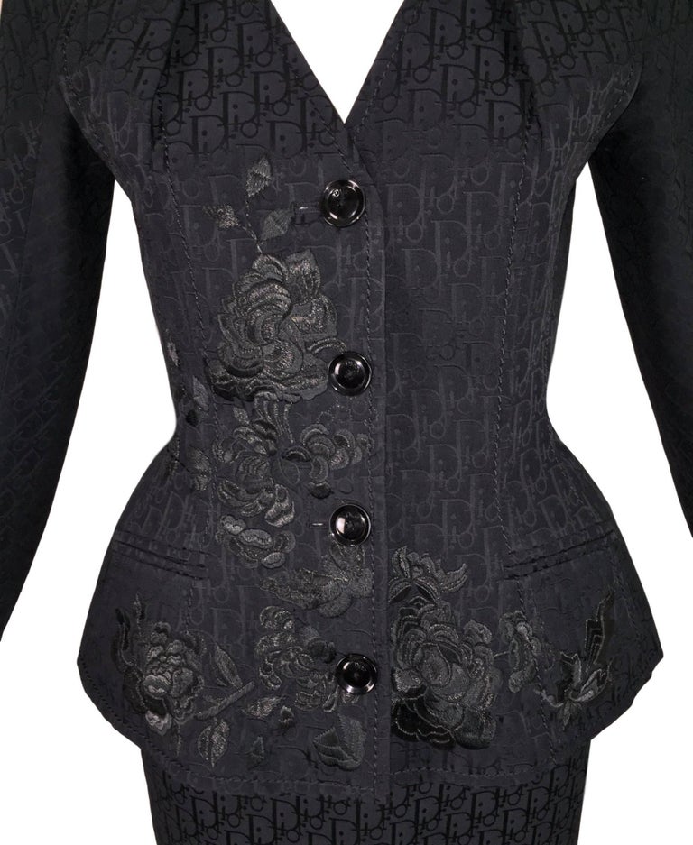 Christian Dior S/S 2005 Black Monogram Logo Pin-Up Bar Jacket Skirt