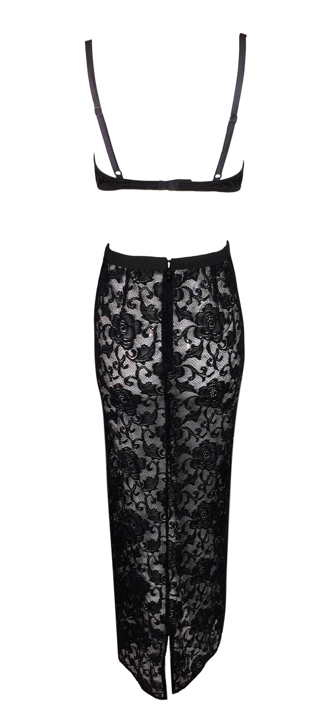 Women's 1996 Dolce & Gabbana Black Lace Silk Bra Top & Sheer Lace Mesh Pencil Skirt