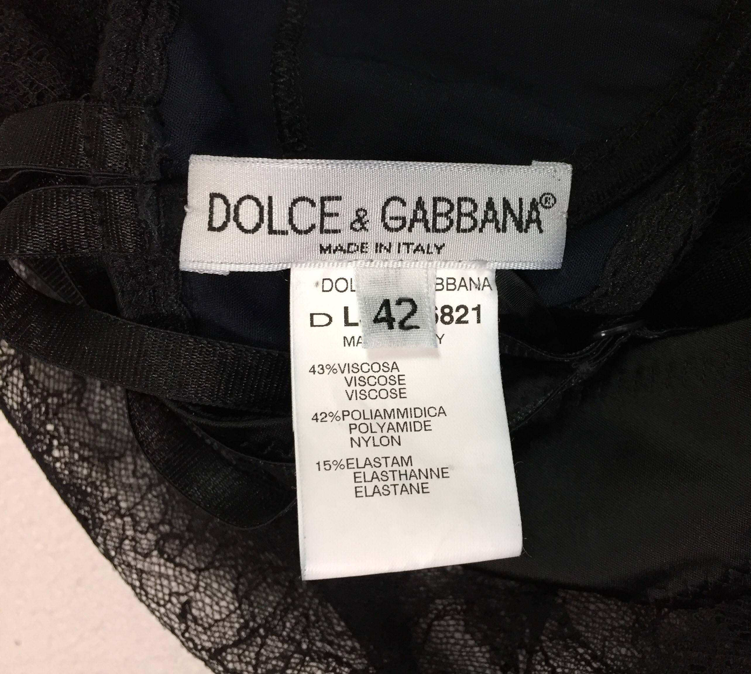 Women's S/S 1999 Dolce & Gabbana Runway Sheer Black Mesh Lace Gown Dress w Bra 42