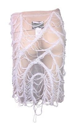 1990's Jean Paul Gaultier Sheer Ivory Mesh Fringe Distressed Pencil Skirt