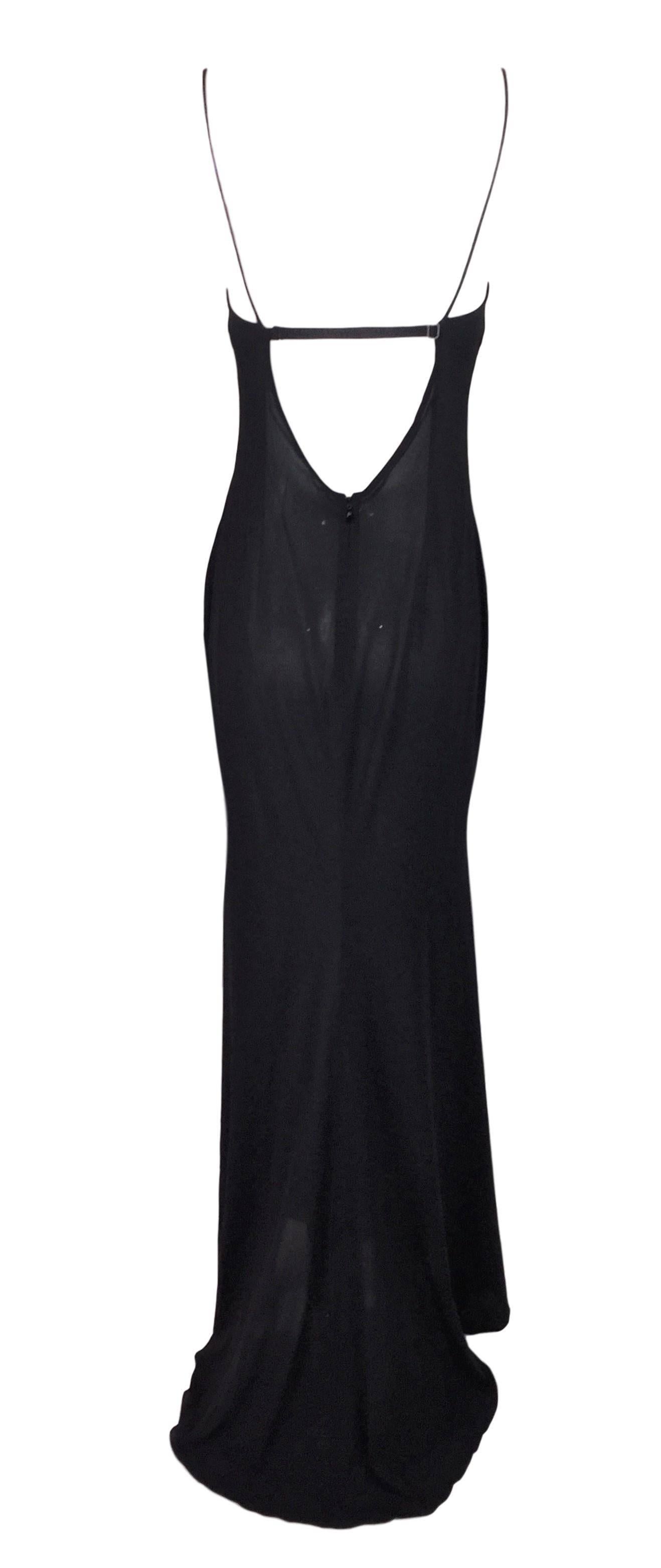 Women's NWT S/S 1998 Dolce & Gabbana Sheer Black Silk Long Gown Dress w Charm & Train