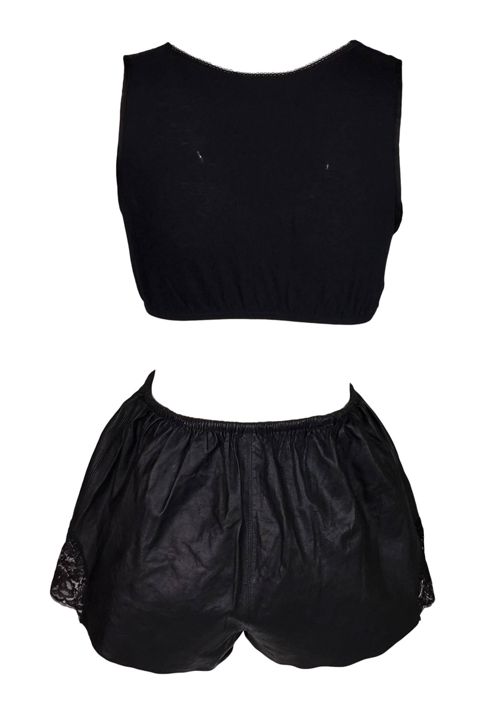 1980's Jean Paul Gaultier Cropped Lace Top High Waist Black Leather Shorty Short In Good Condition In Yukon, OK