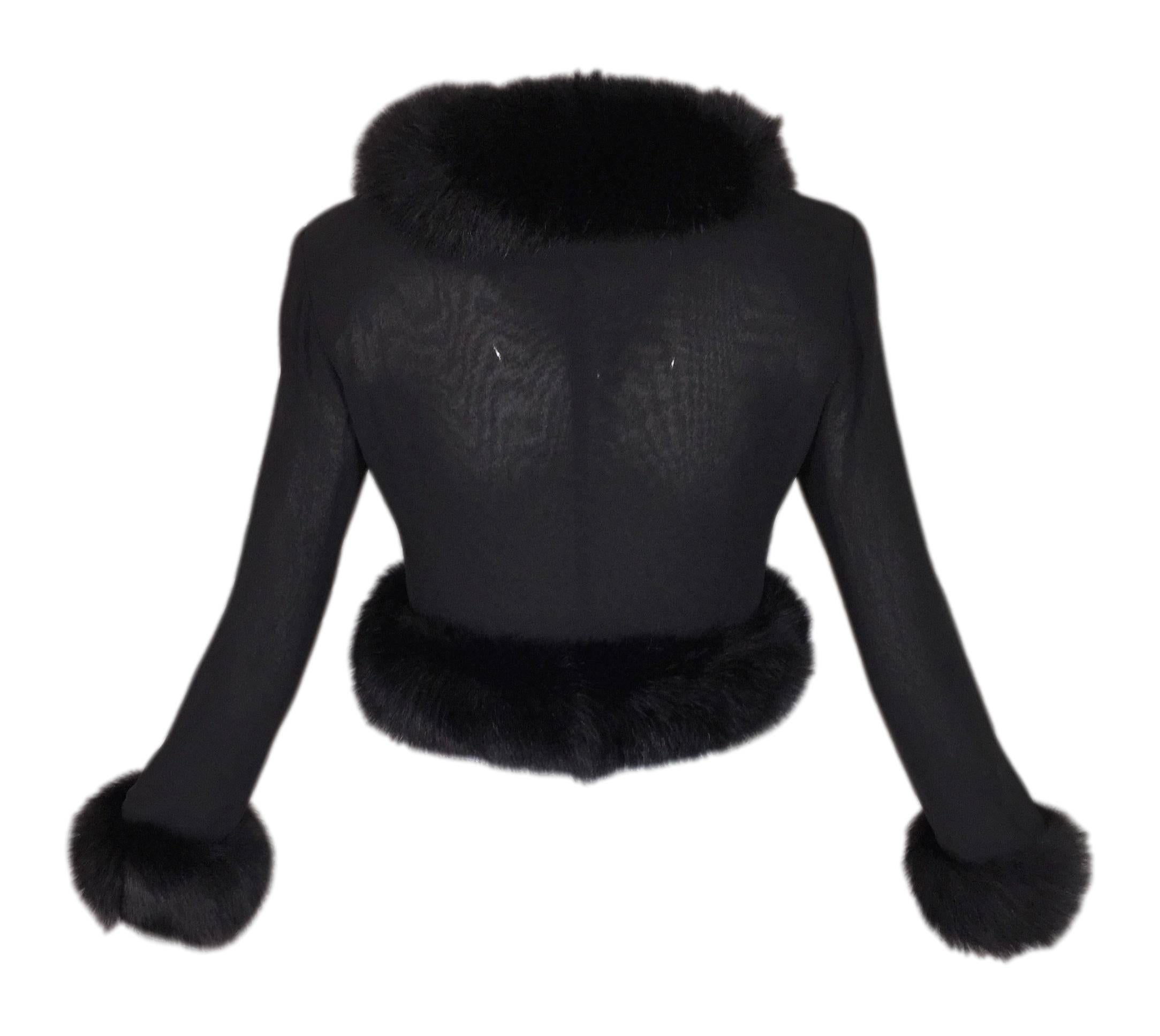 NWT 1998 Atelier Versace Sheer Black Silk Short Jacket w Fox Fur Collar & Trim In New Condition In Yukon, OK