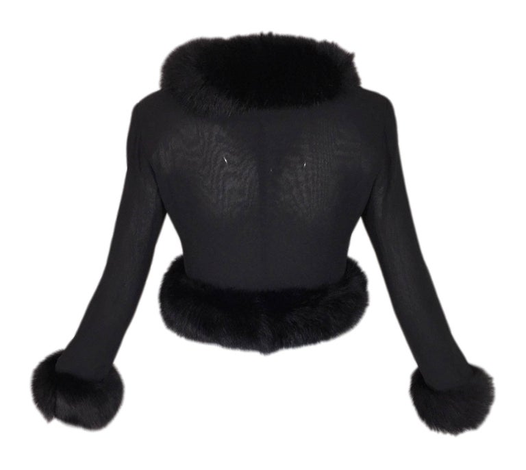 NWT 1998 Atelier Versace Sheer Black Silk Short Jacket w Fox Fur Collar ...