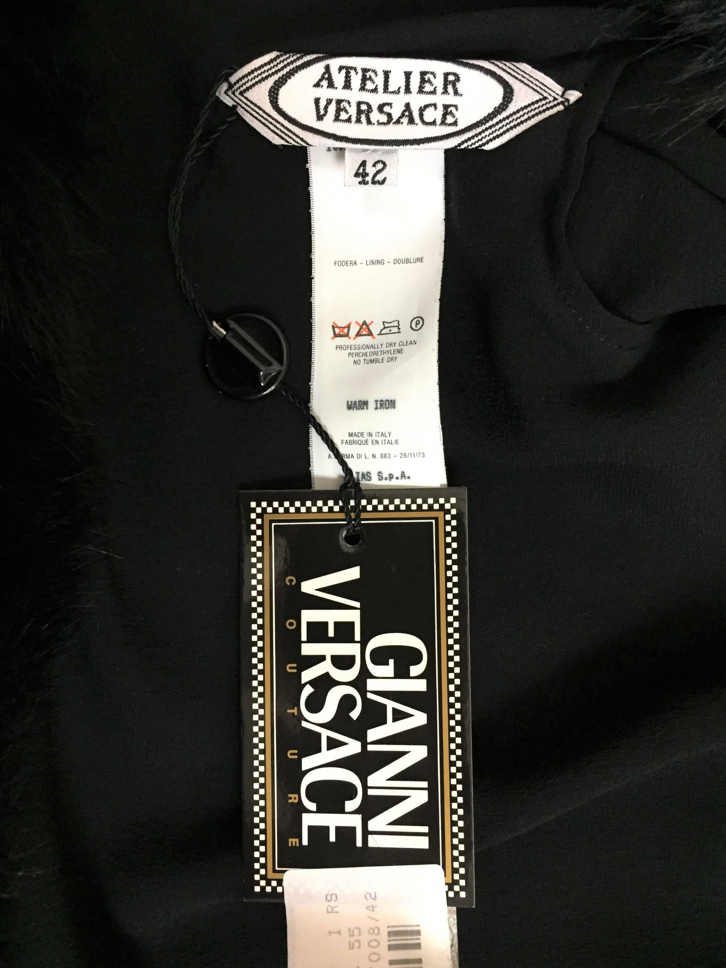 Women's NWT 1998 Atelier Versace Sheer Black Silk Short Jacket w Fox Fur Collar & Trim