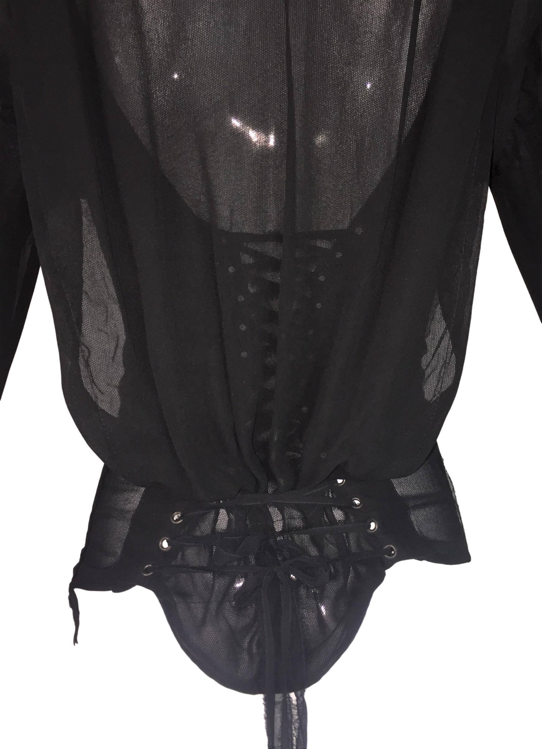 2000's Yves Saint Laurent x Tom Ford Sheer Black Mesh Corset L/S Top Blouse XS In Excellent Condition In Yukon, OK