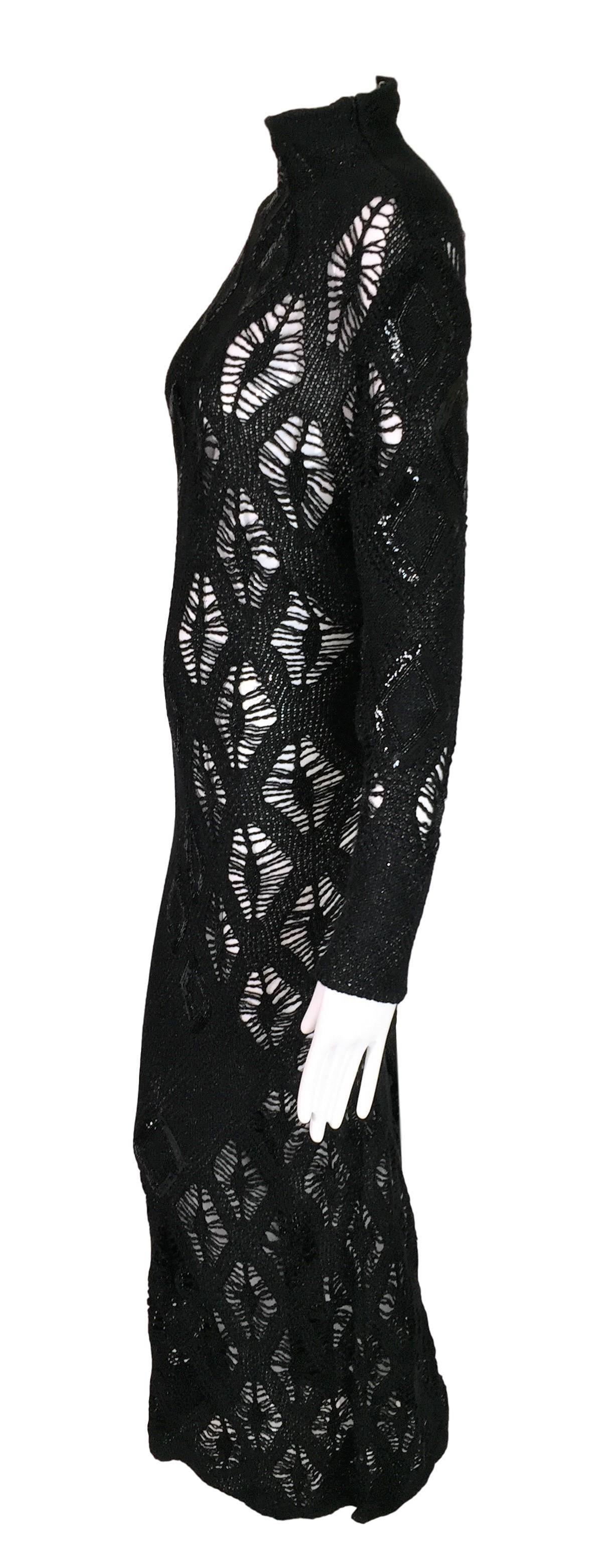 Black F/W 2002 NWT Gianfranco Ferre Sheer Knit Beaded Sequin L/S Long Gown Dress