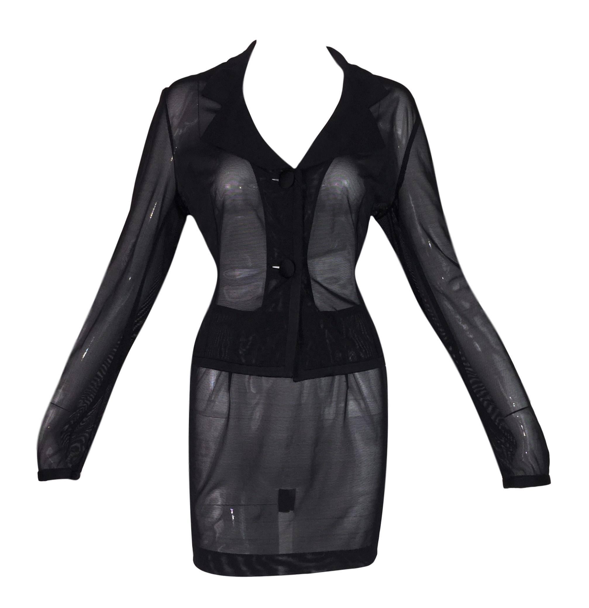 S/S 1995 Dolce & Gabbana Pin-Up Sheer Black Mesh Jacket Long Skirt & Mini Set In Good Condition In Yukon, OK