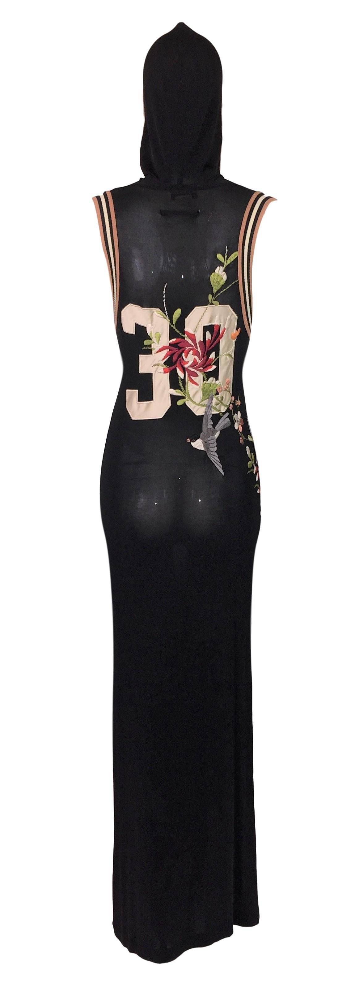Women's 2000's Jean Paul Gaultier Sheer Black Embroidered Hooded Long Dress Gown