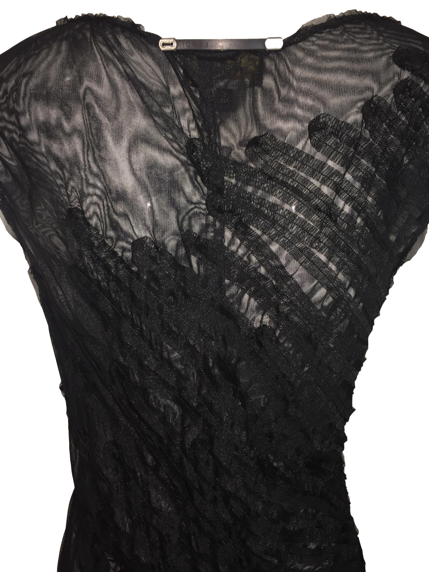 1990's Fendi Sheer Black Mesh Plunging Tie Front Dress In Good Condition In Yukon, OK