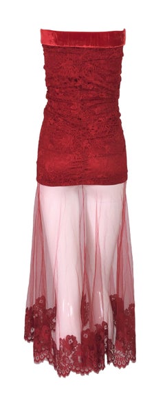 F/W 2001 Christian Dior John Galliano Sheer Red Lace Mesh Strapless Dress Skirt