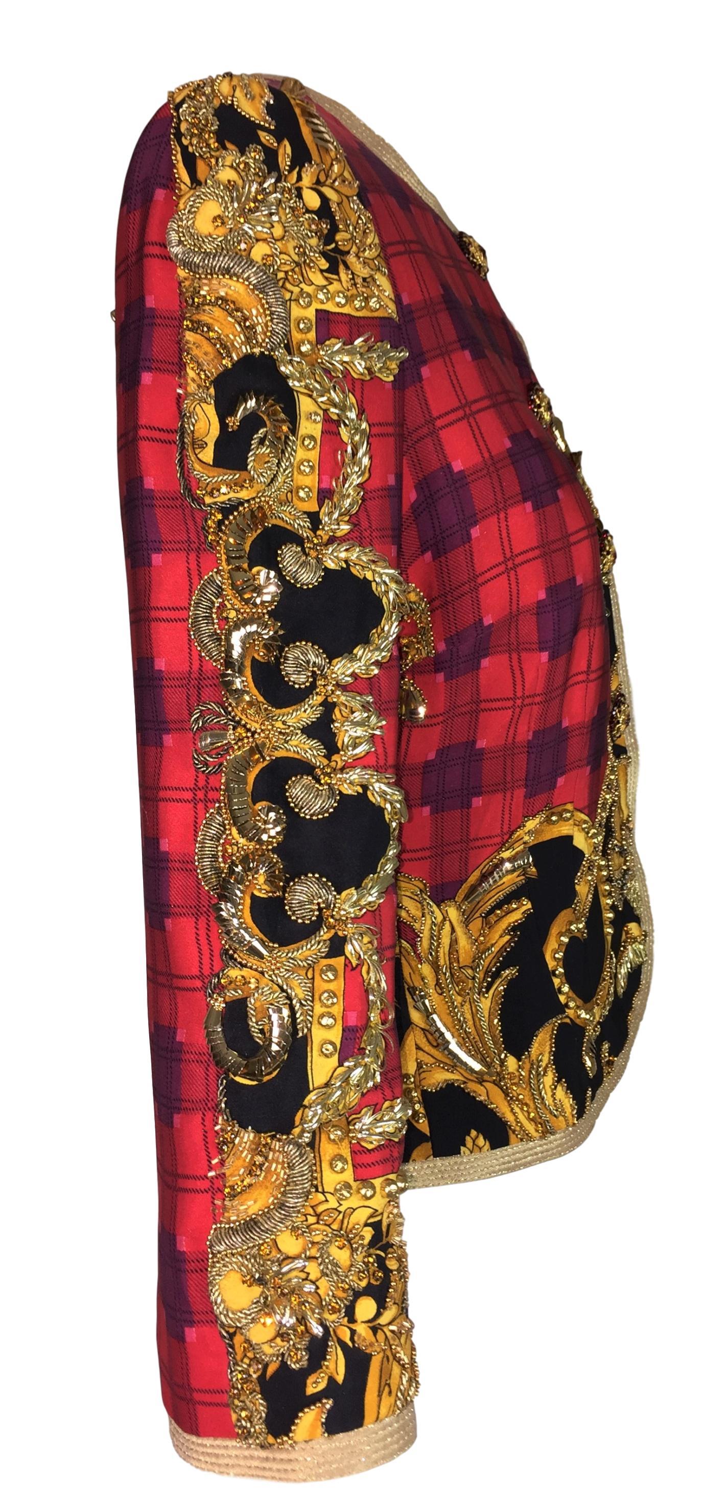 Brown Atelier Versace Runway Haute Couture Red Embellished Short Jacket, S / S 1992 
