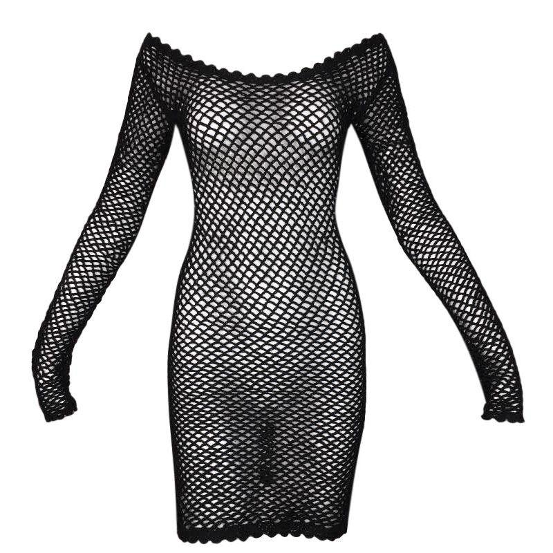 1995 Dolce & Gabbana Sheer Black Fishnet Crochet Off Shoulder Mini Dress