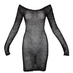 Retro 1995 Dolce & Gabbana Sheer Black Fishnet Crochet Off Shoulder Mini Dress