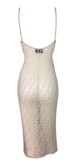1990's Fendi Sheer Nude Nylon Monogram Logo Wiggle Dress 44 M