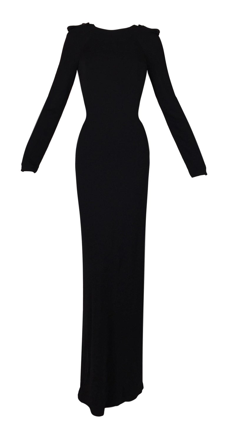 F/W 1996 Gucci Tom Ford Long Black Plunging Back Gown Dress w Pony Hair ...
