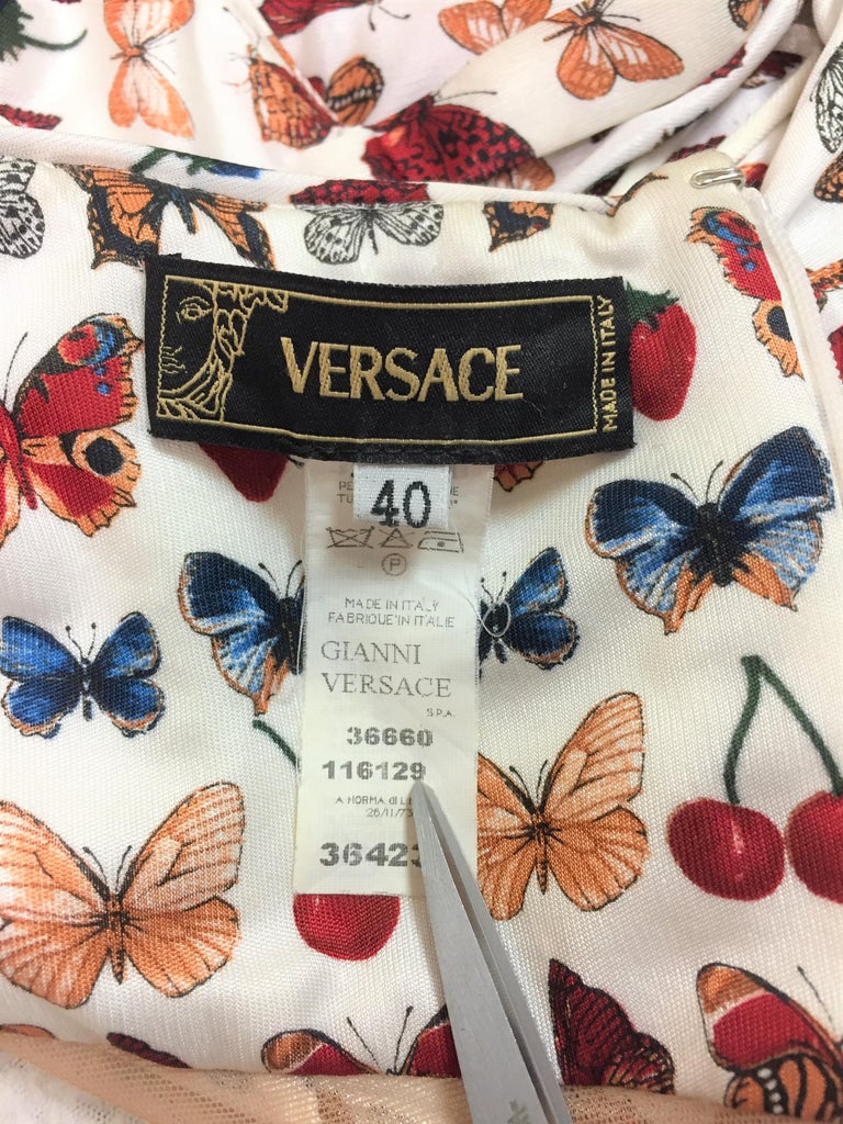 S/S 2005 Versace Ivory Butterfly Print Plunging Asymmetrical Dress at