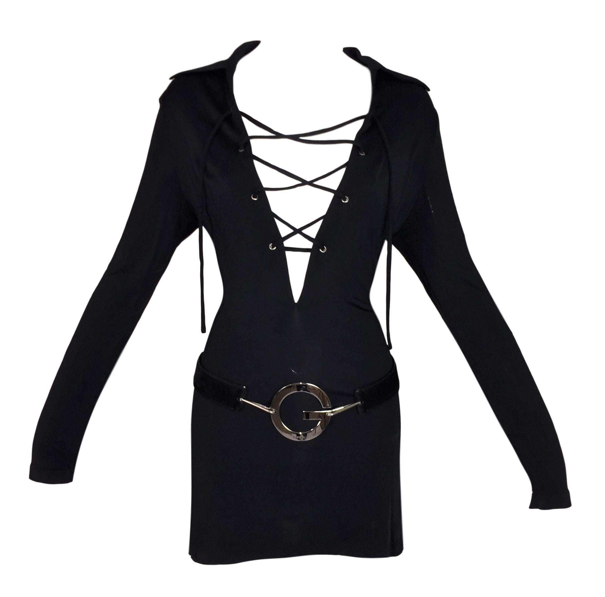 S/S 1996 Gucci Tom Ford Documented Black Plunging Mini Dress W/ Logo Belt