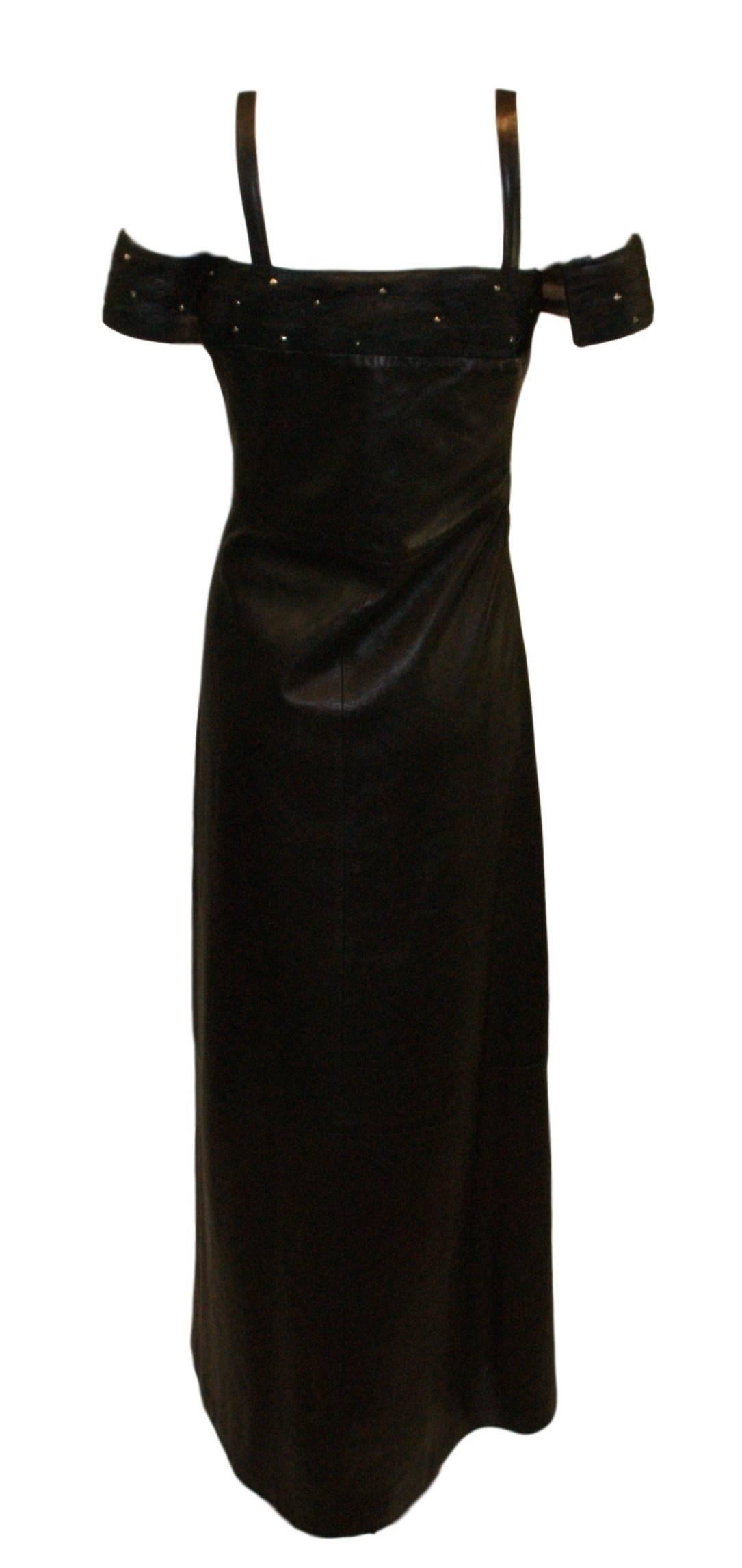 Black F/W 1998 Gianni Versace Runway Long Leather Studded Dress Gown 