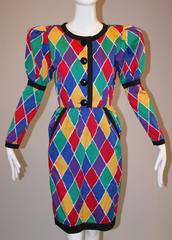 S/S 1988 Yves Saint Laurent Harlequin Long Sleeve Pencil Dress 38