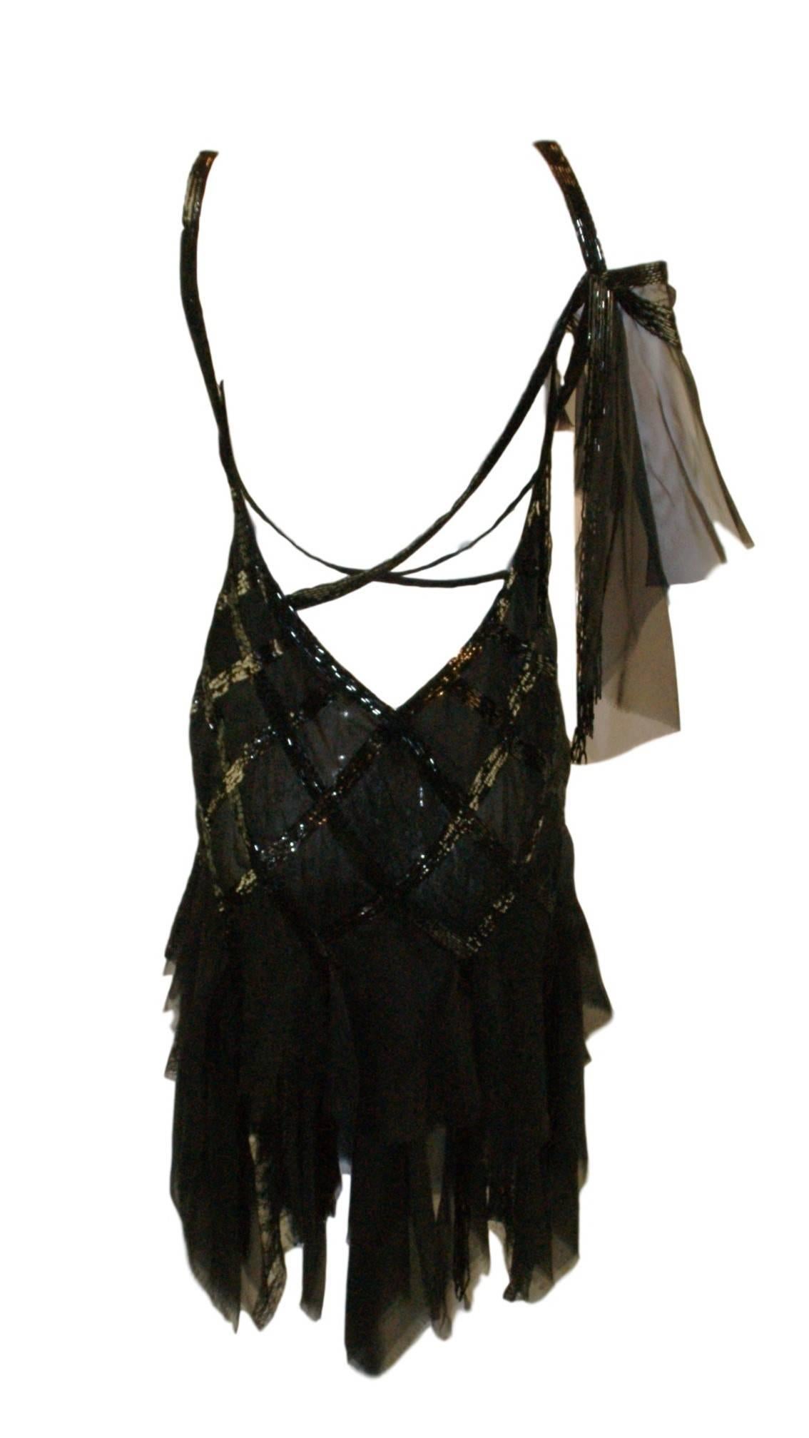 S/S 2003 Gianni Versace Couture Runway Black Silk Beaded 1920's Flapper Dress 40 1