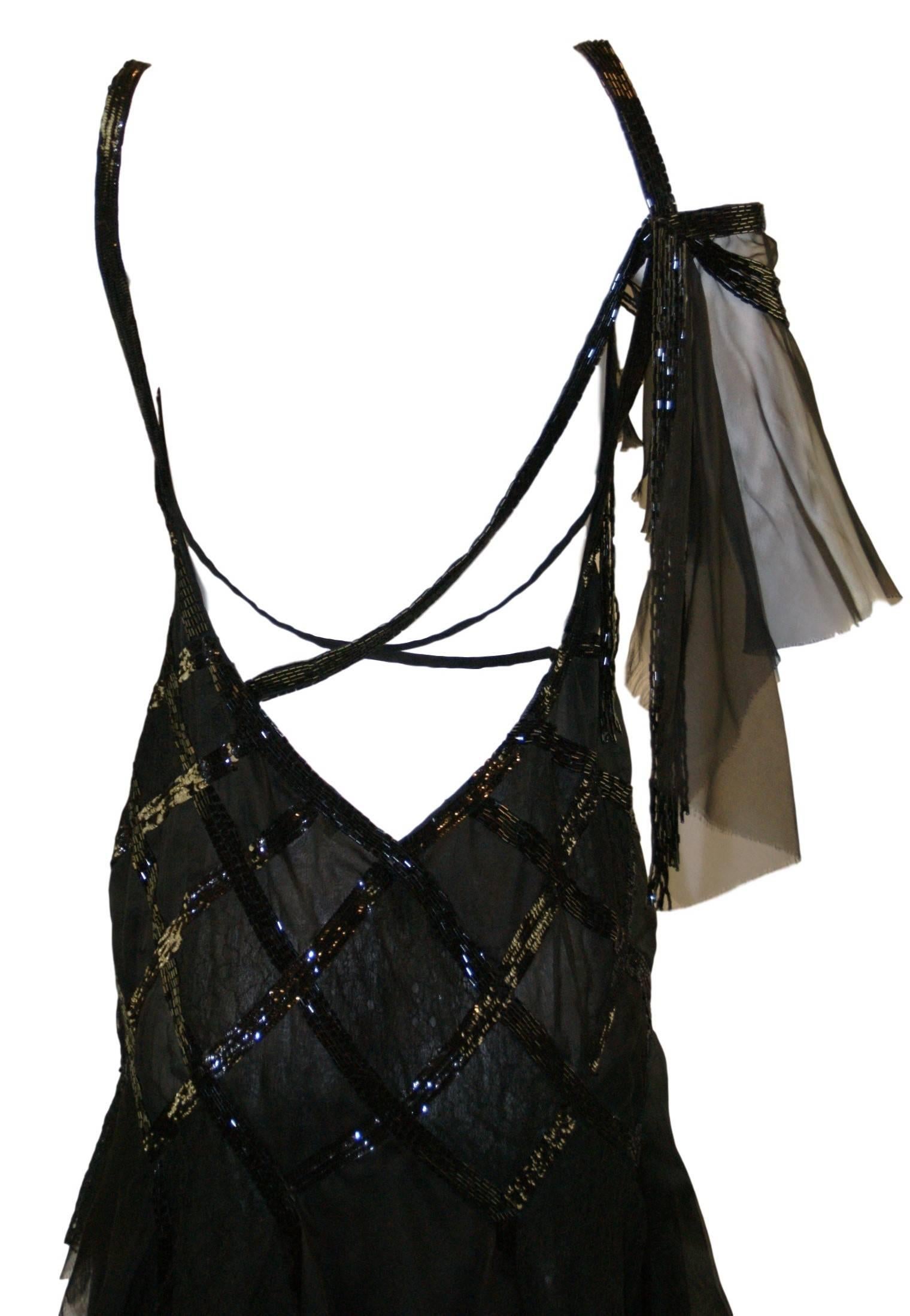 S/S 2003 Gianni Versace Couture Runway Black Silk Beaded 1920's Flapper Dress 40 2