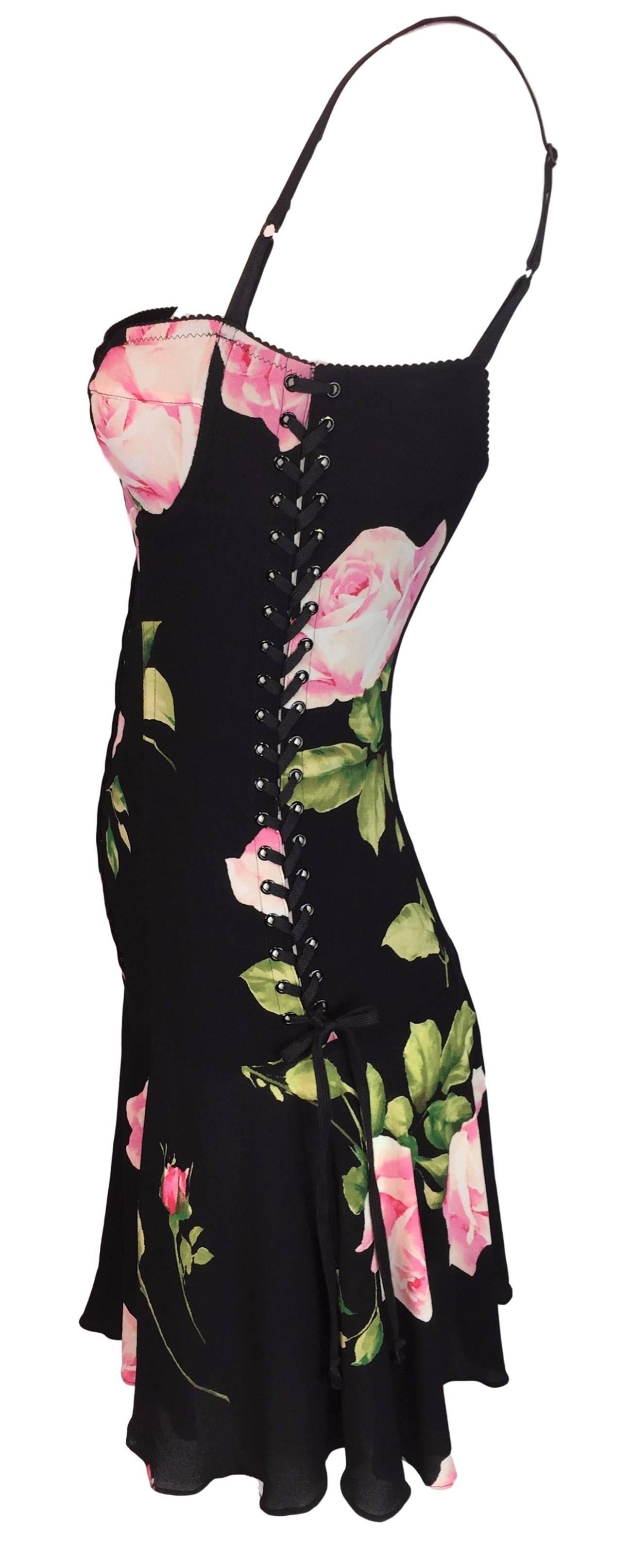 Black F/W 2003 Dolce & Gabbana Roses Corset Bustier Asymmetrical Silk Bra Dress