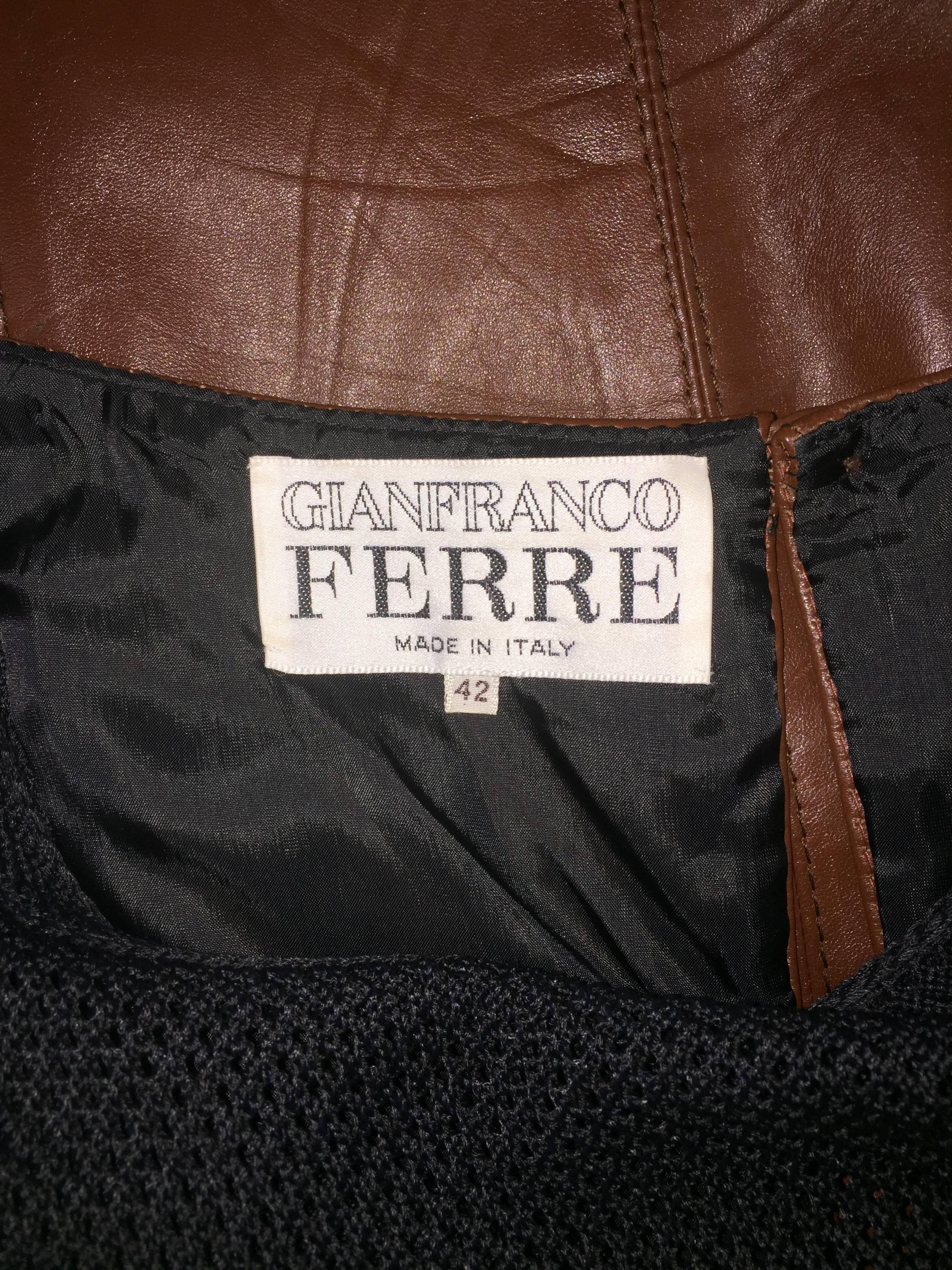 1990's Gianfranco Ferre Sheer Knit Net Black & Brown Leather Buckle Gown Dress 1