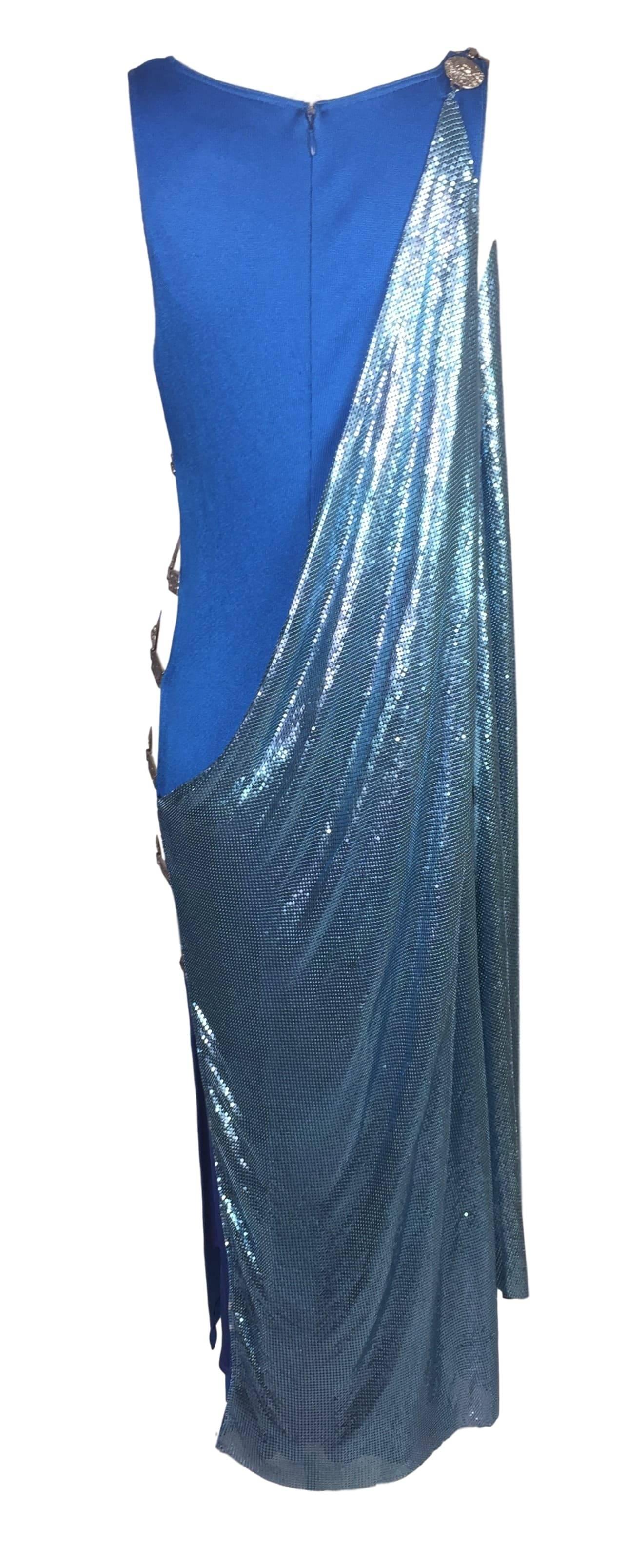 F/W 1994 Gianni Versace Couture Cobalt Blue Cut-Out Sides Chainmail Gown Dress 1