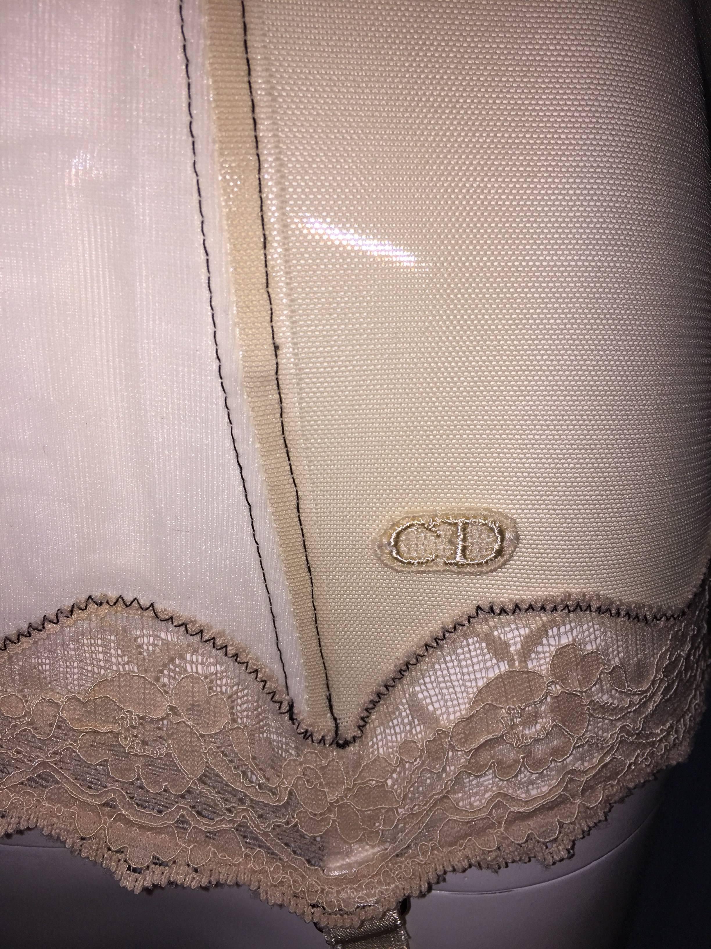Beige 1990s Christian Dior Nude Sheer Mesh Pin-Up Corset Bustier Top XS/S C Cup