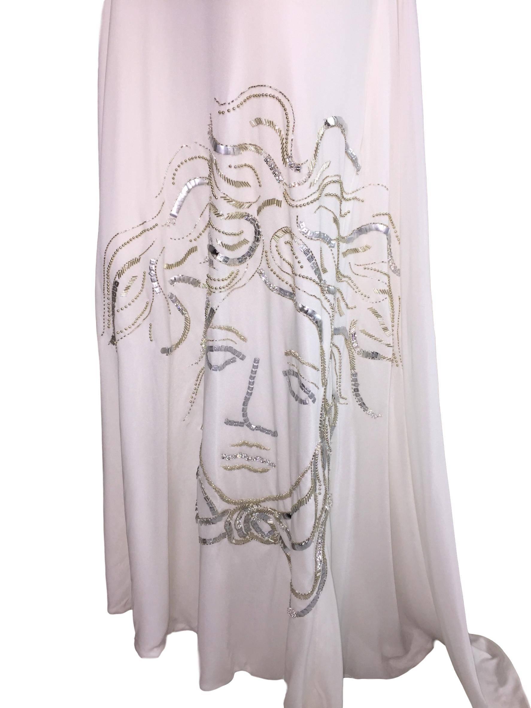 F/W 1999 Atelier Versace Sheer White Plunging Beaded Medusa Gown Dress In Good Condition In Yukon, OK