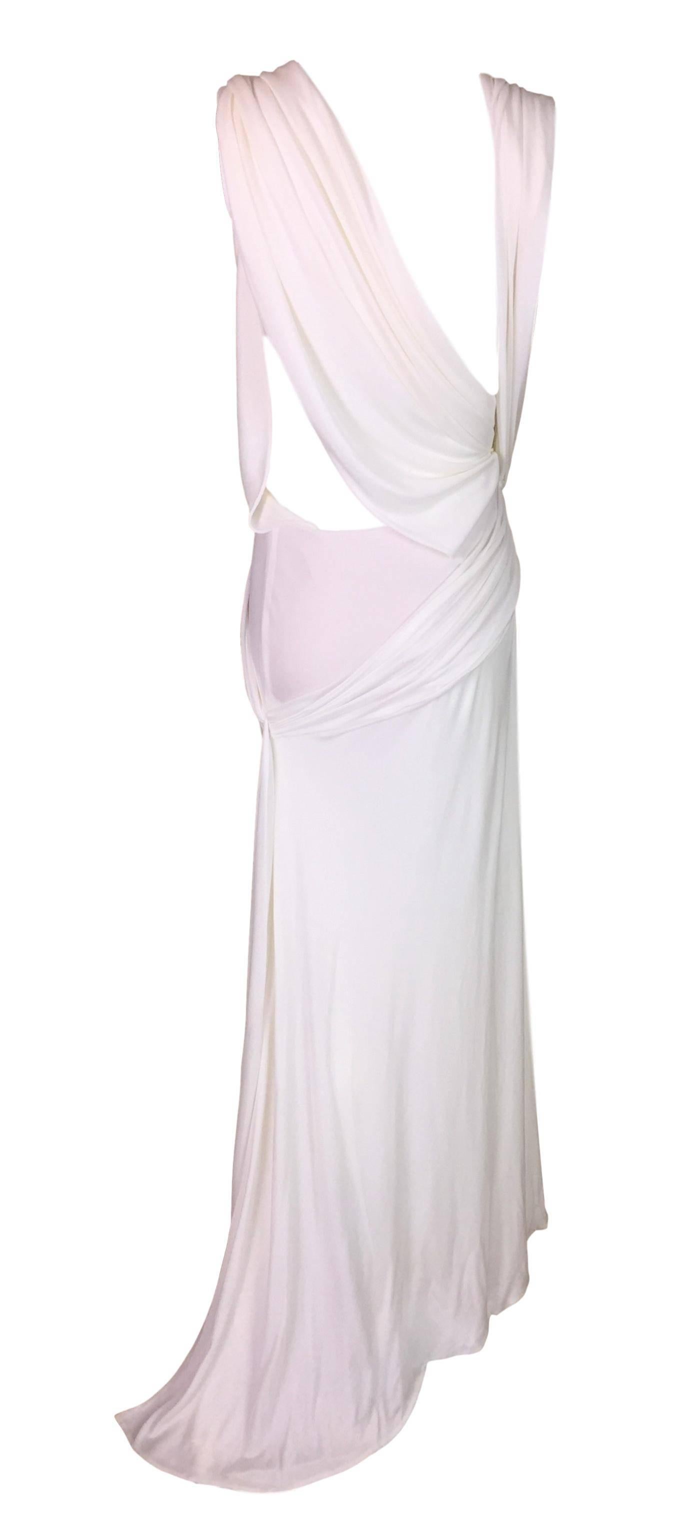 Women's F/W 1999 Atelier Versace Sheer White Plunging Beaded Medusa Gown Dress
